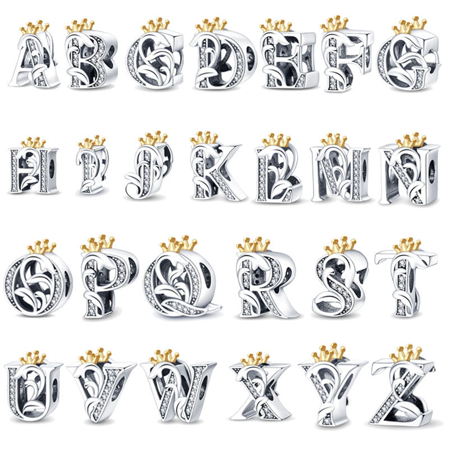 925 Sterling Silver 26 Crown English letter Beaded Series Charm