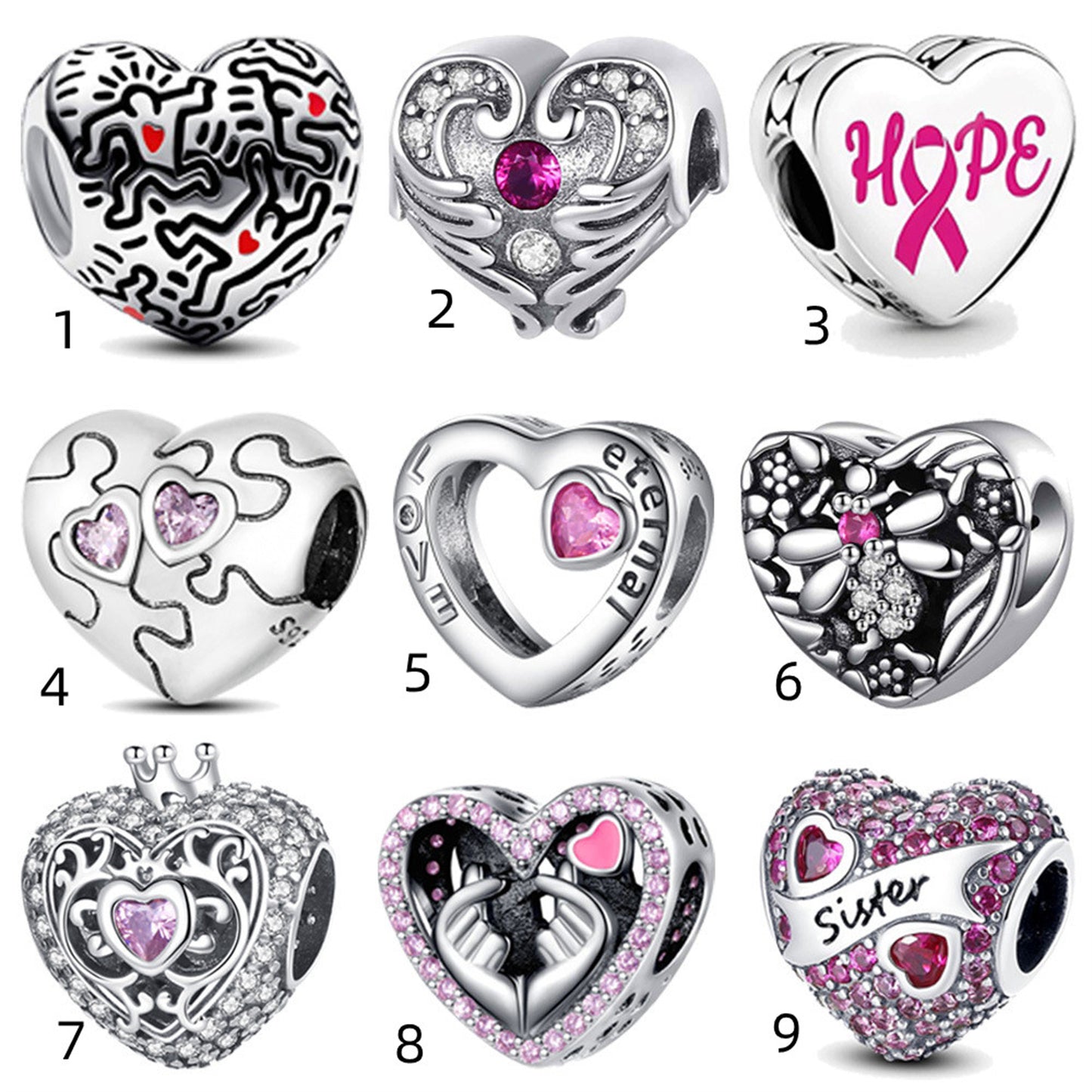 S925 Sterling Silver Exquisite Heart Beaded Series Charm