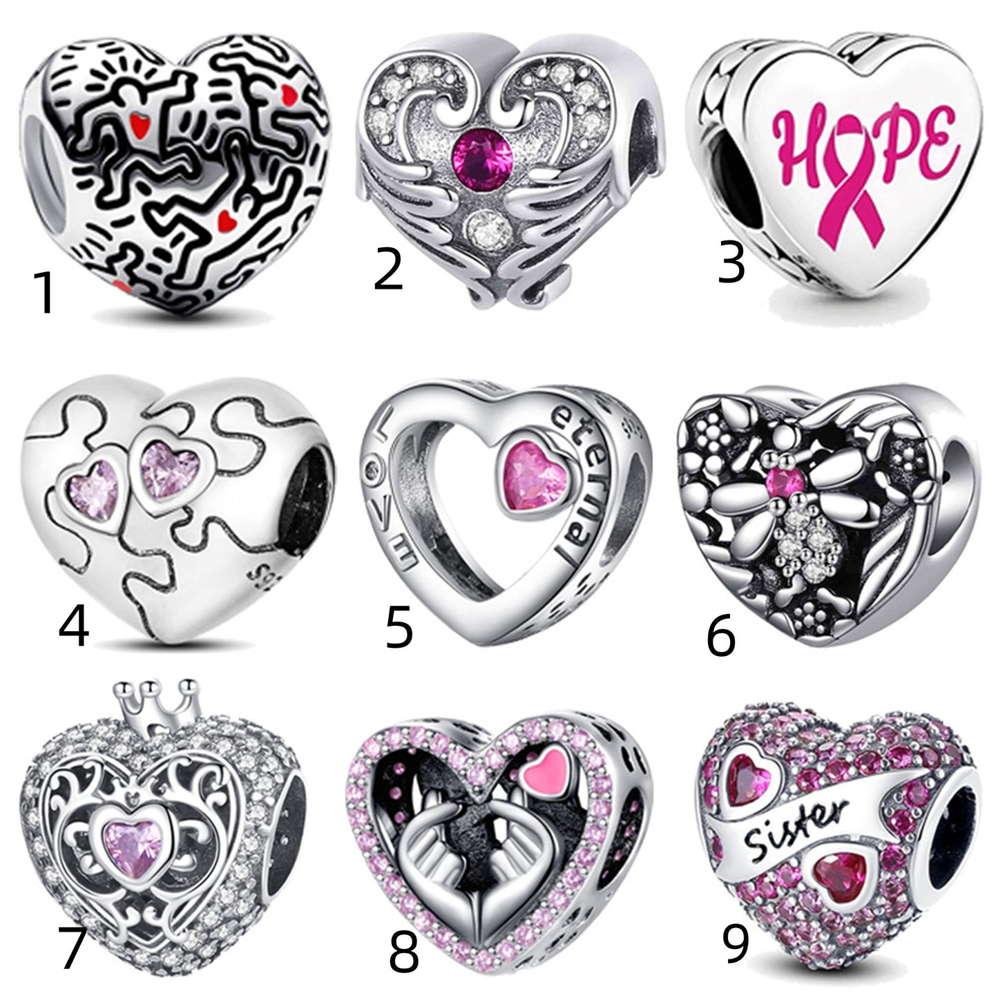 S925 Sterling Silver Pink Heart Beaded Series Charm