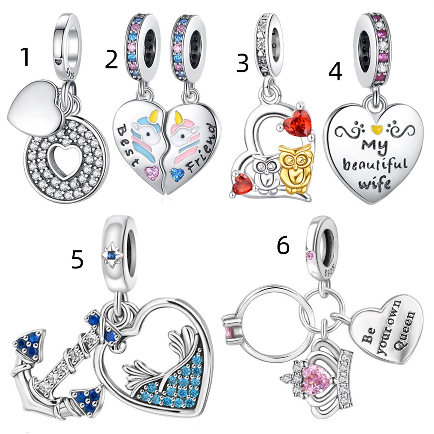 925 Sterling silver Unicorn Animal Heart Pendant Series Charm