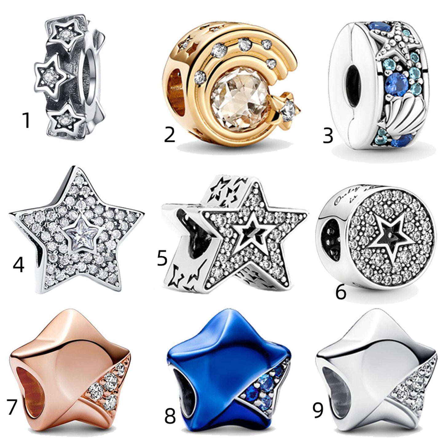 S925 Sterling Silver Blue Shining Five-Pointed Star Beaded Series Charm