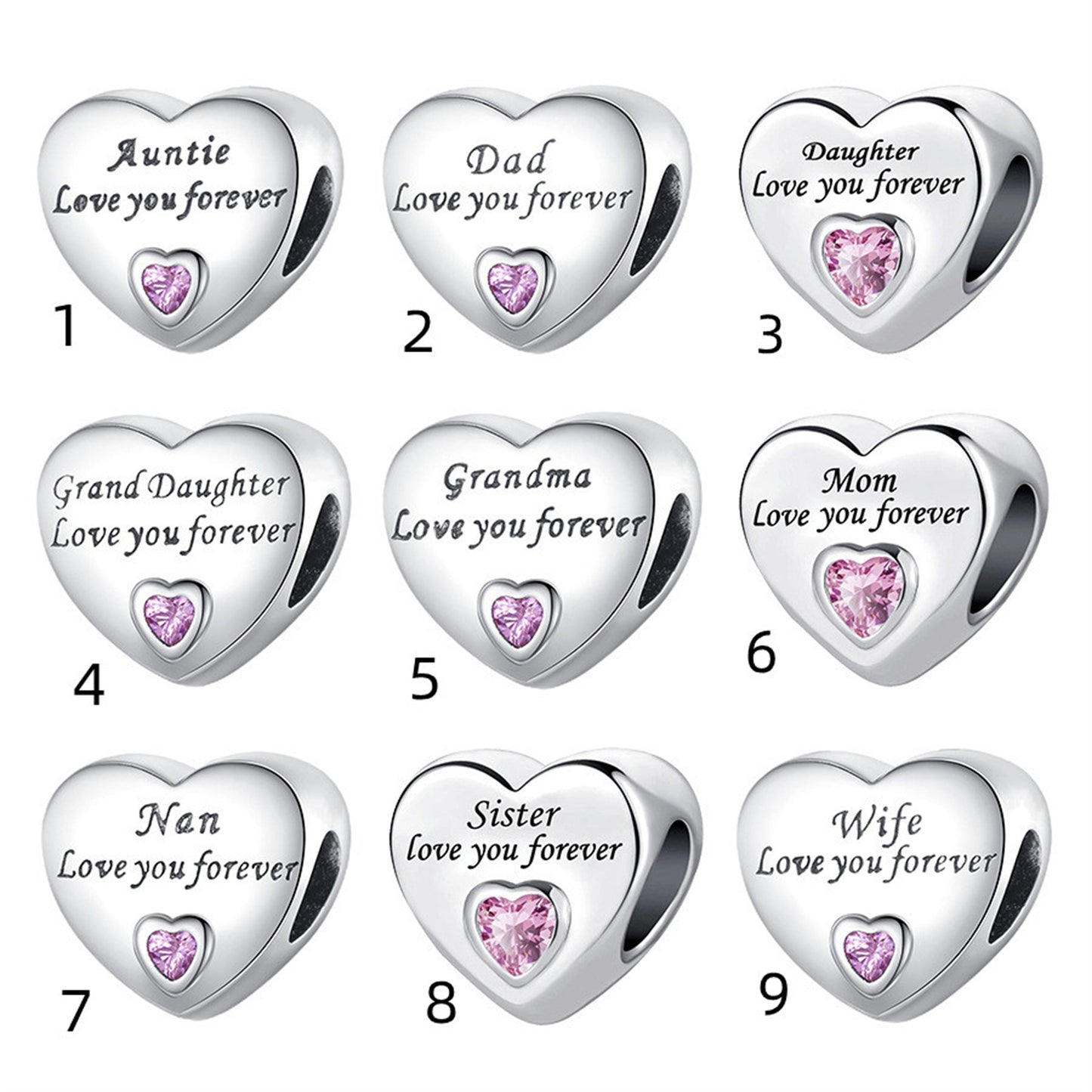 S925 Sterling Silver Family heart Beaded t Series Charm