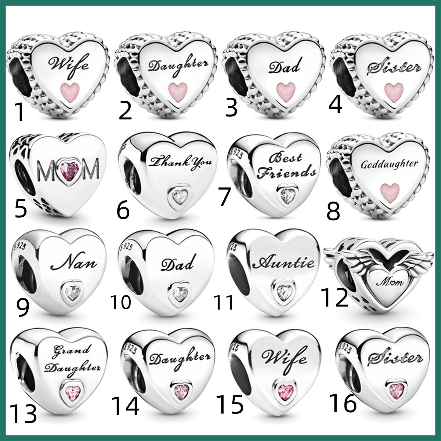 925 Sterling silver Family mother daughter express love engraved Heart Beading Series Charm
