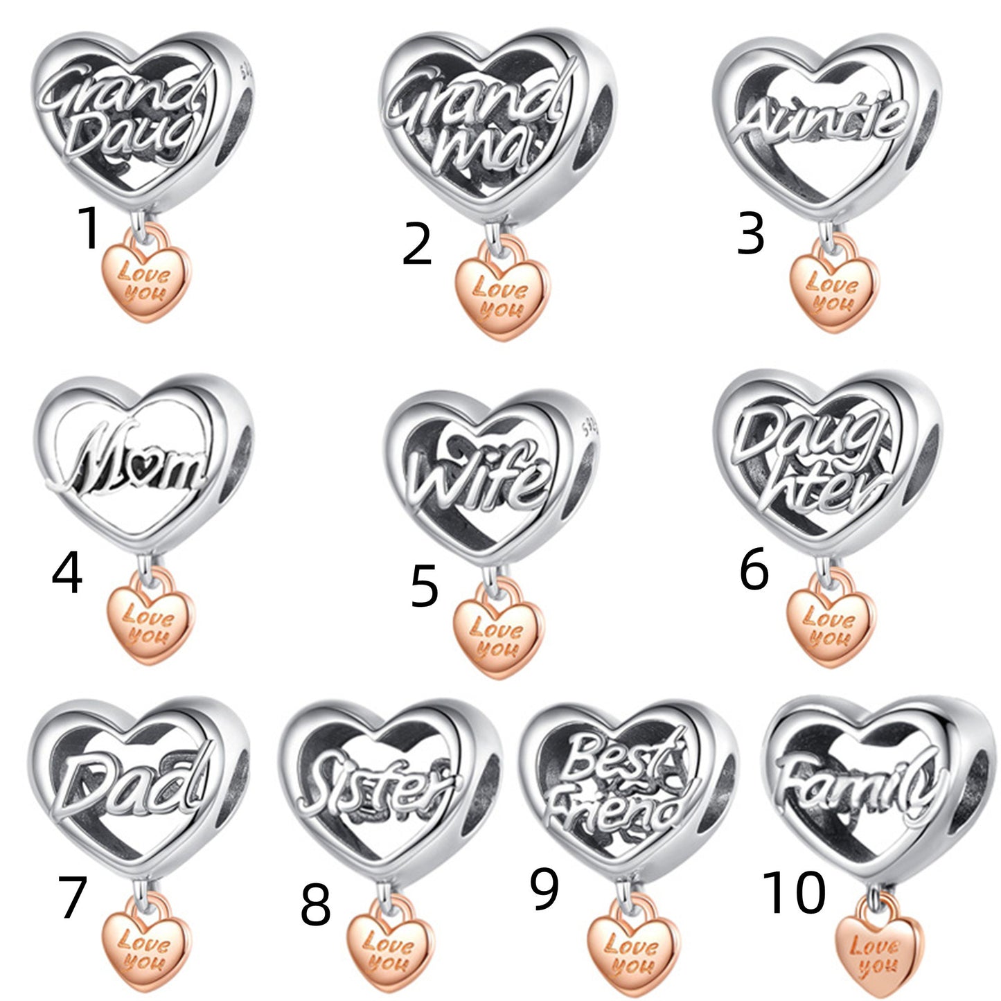 S925 Sterling Silver Beautiful Family Heart Beaded Series Charm