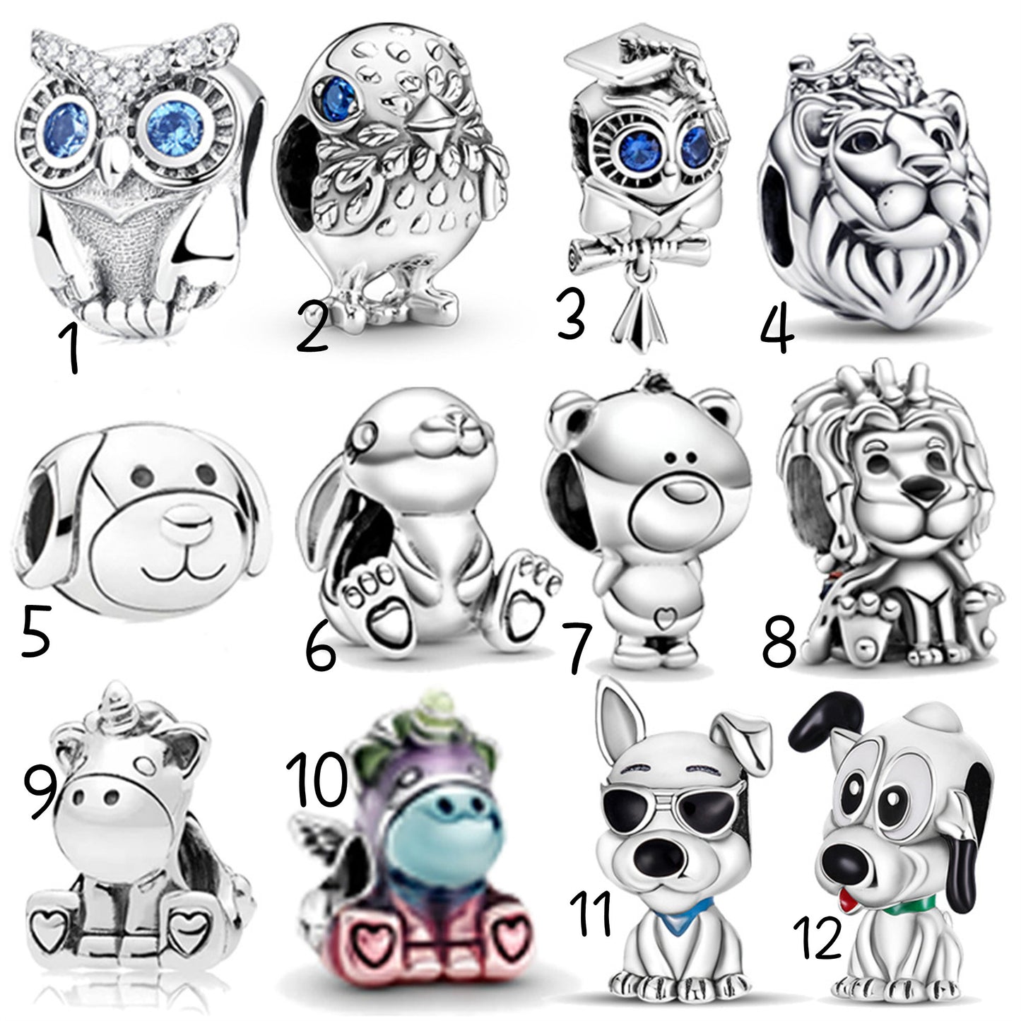 S925 Sterling Silver Animal Lion Owl Beaded Series Charm
