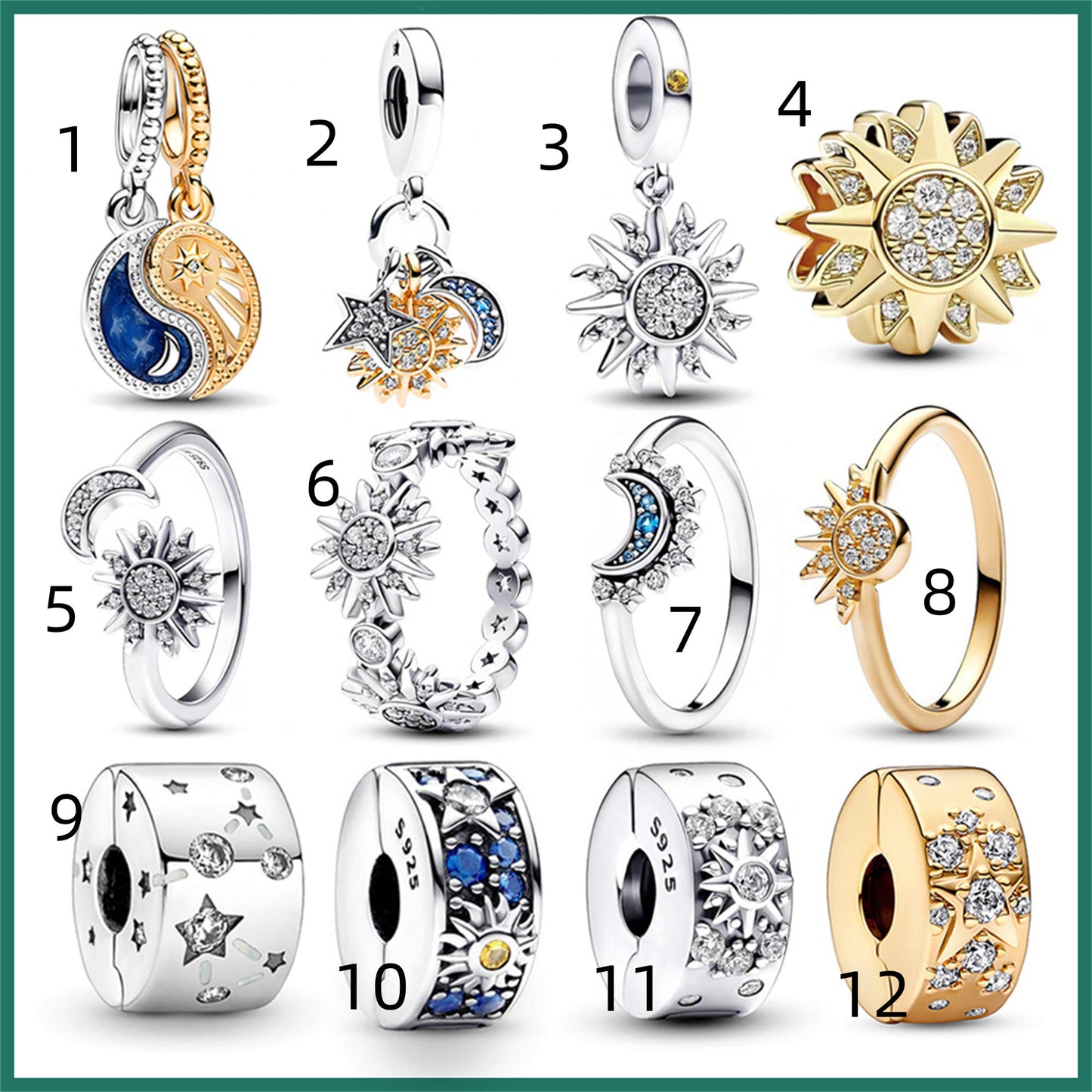 925 Sterling silver Sun, moon and star beaded pendant Charm