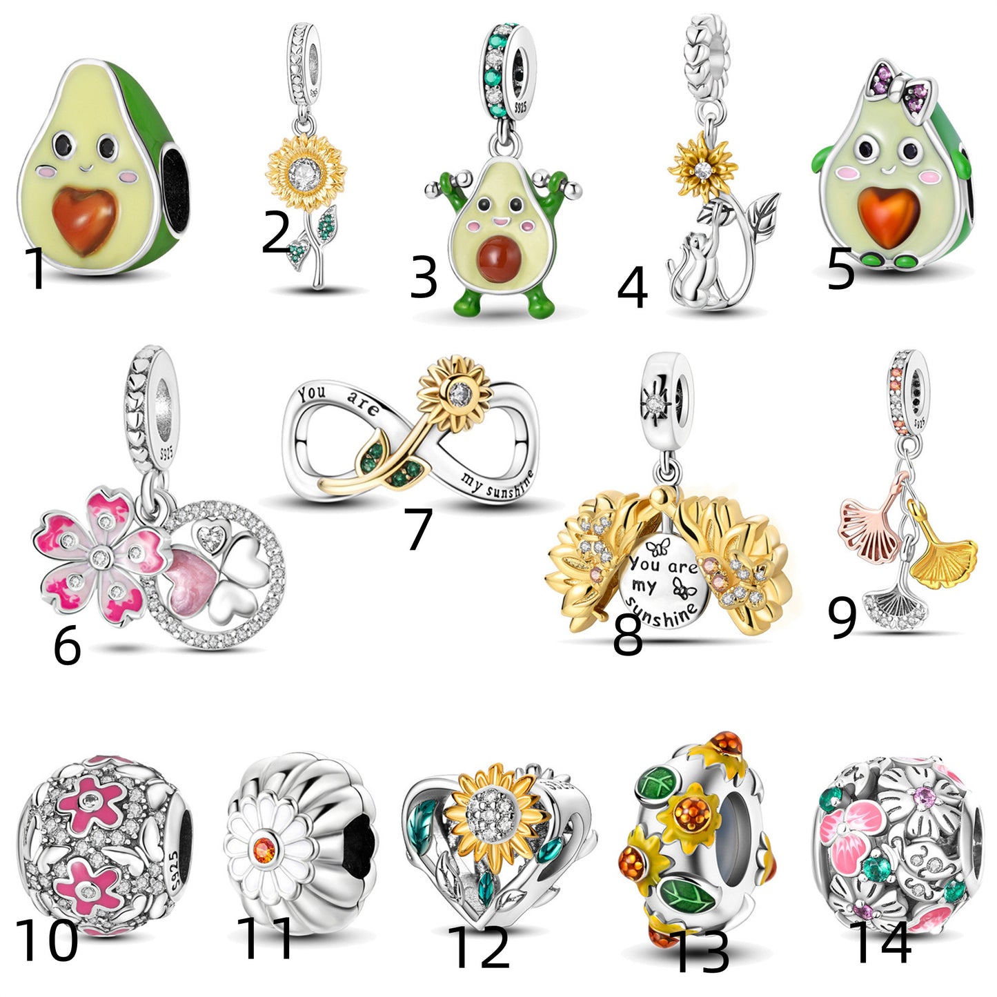 925 Sterling Silver Plant Daisy Avocado Pendant Series Charm