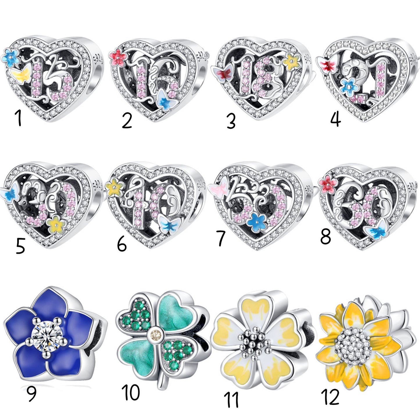 925 Sterling silver Anniversary Celebration Heart Beaded Series Charm