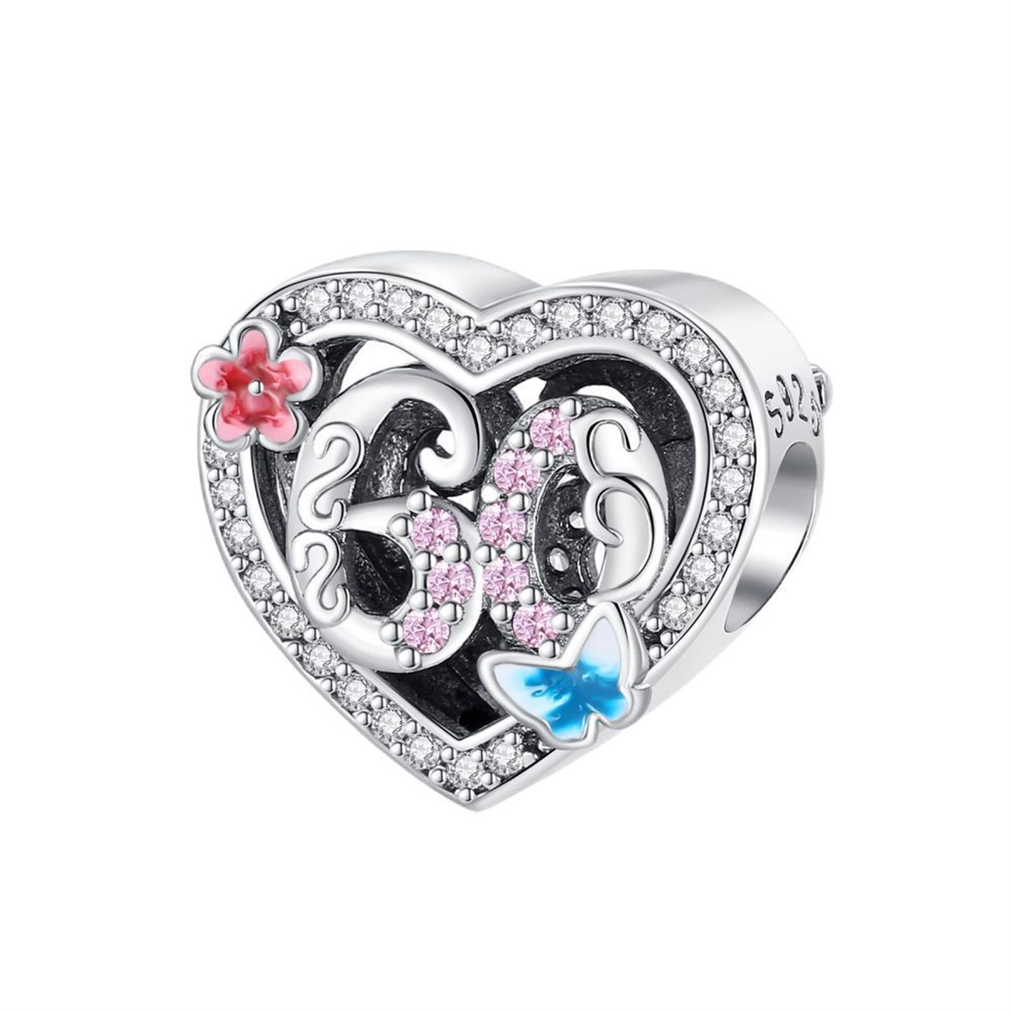 925 Sterling silver Anniversary Celebration Heart Beaded Series Charm