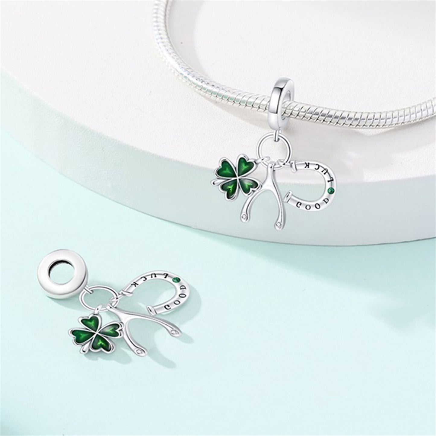 925 Sterling Silver Moon Four-leaf Clover Beaded Series Charm