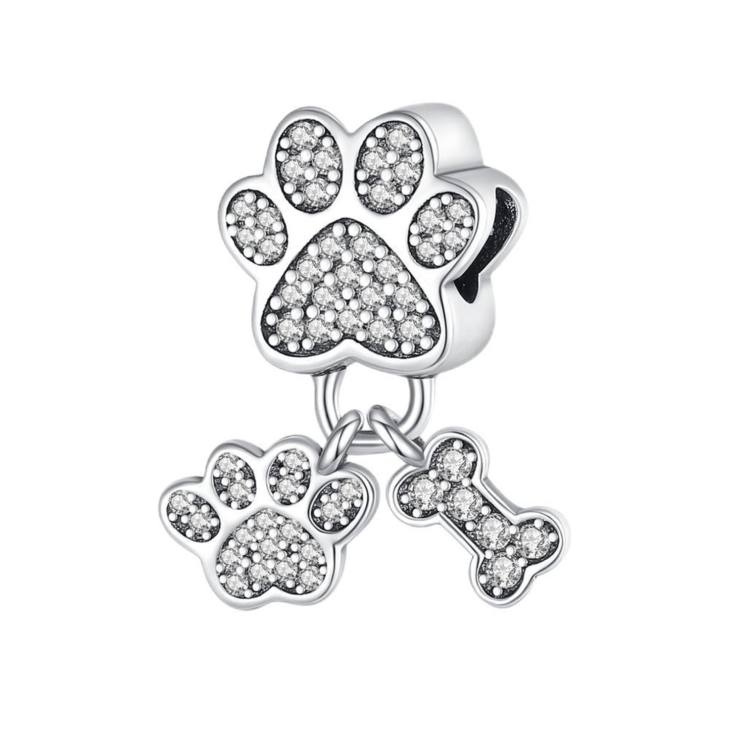 S925 Sterling Silver Animal Footprints Heart-Shaped Zircon Beading Series Charm