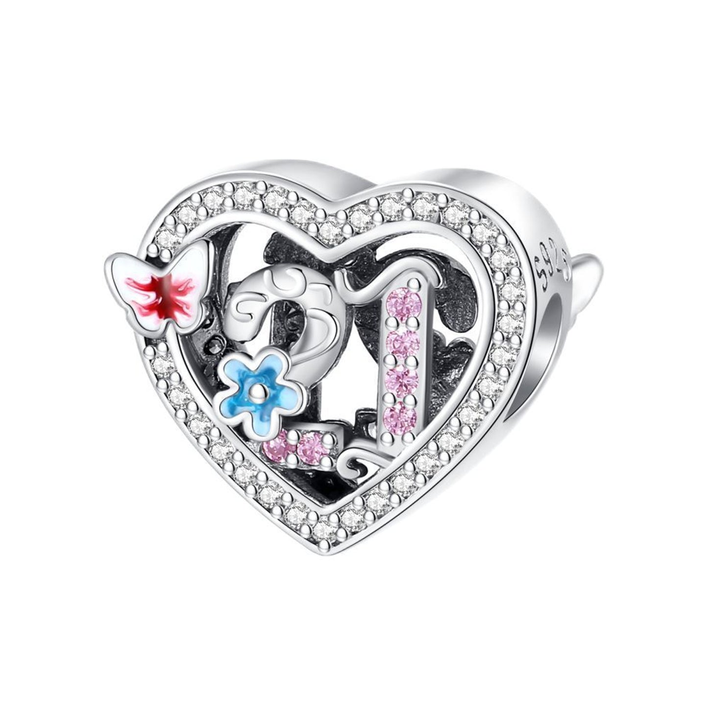 925 Sterling silver Anniversary Celebration Heart Beaded Series Charm