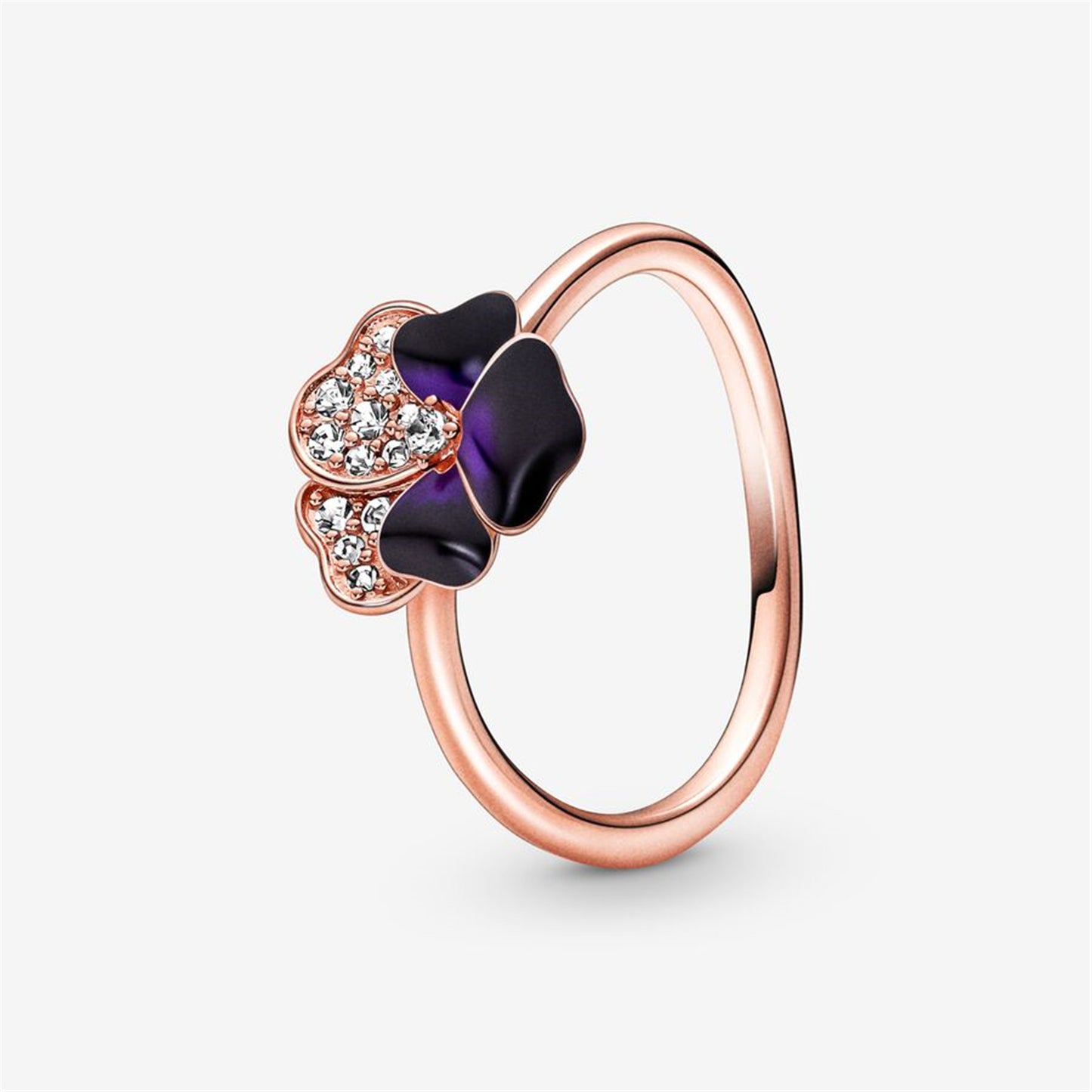 S925 Sterling Silver Deep Purple Pansy Flower Ring