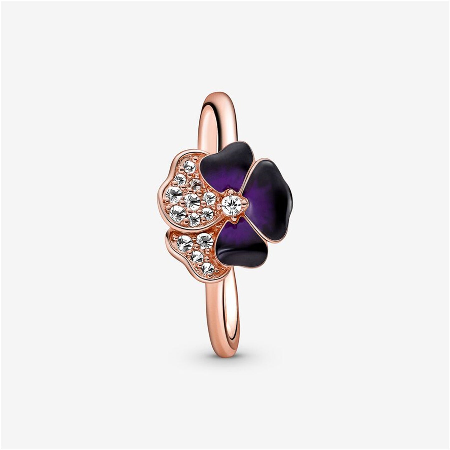S925 Sterling Silver Deep Purple Pansy Flower Ring