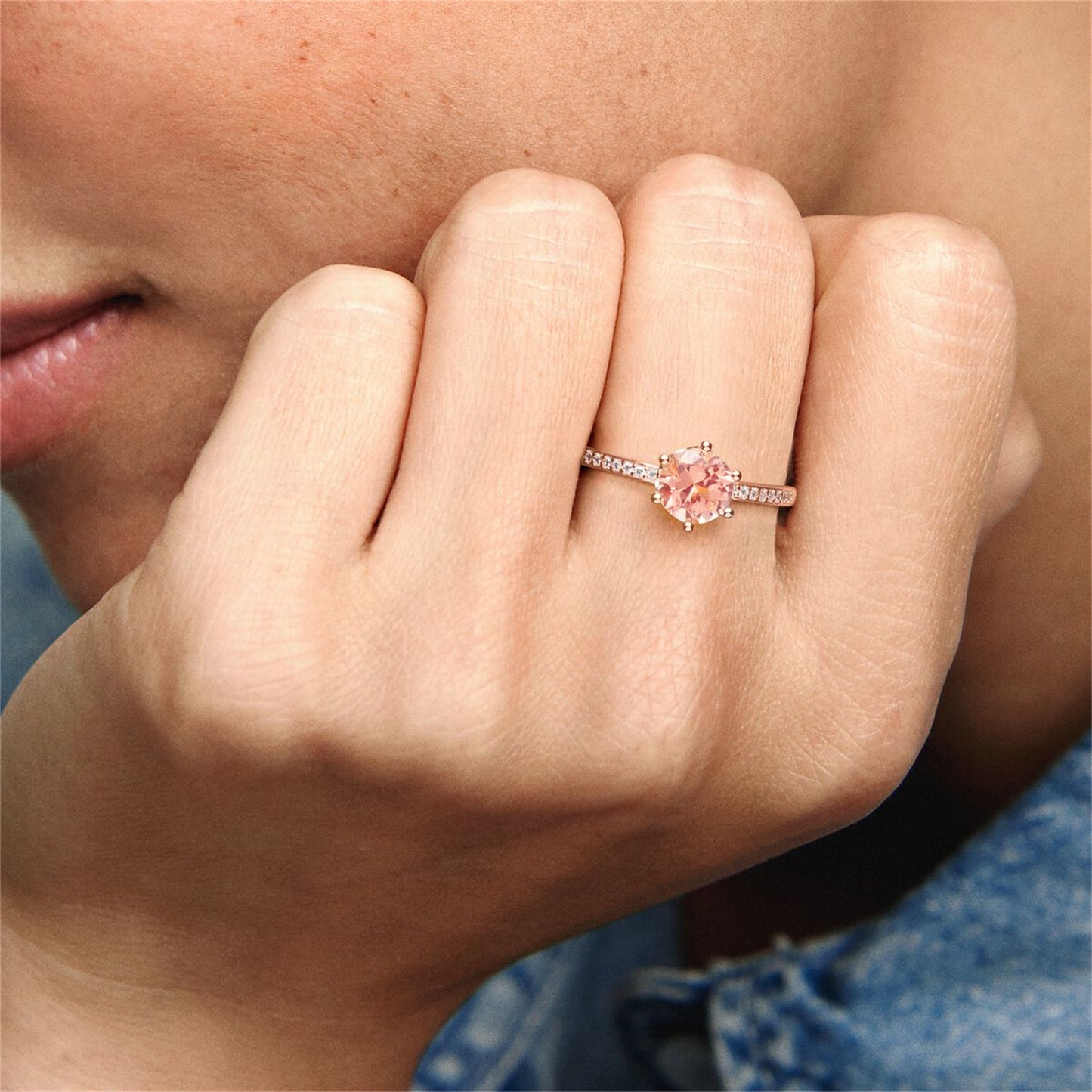 S925 Sterling Silver Pink Sparkling Crown Solitaire Ring