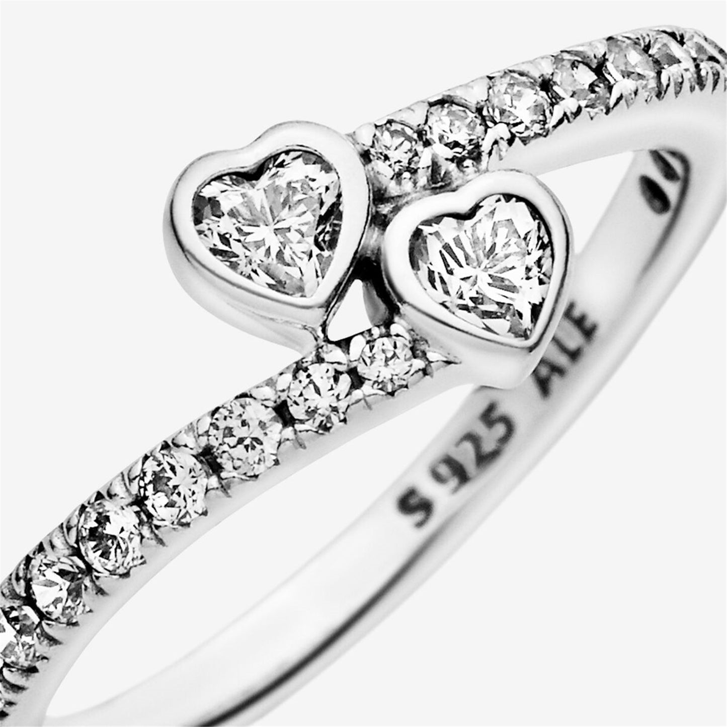 S925 Sterling Silver Two Sparkling Hearts Ring