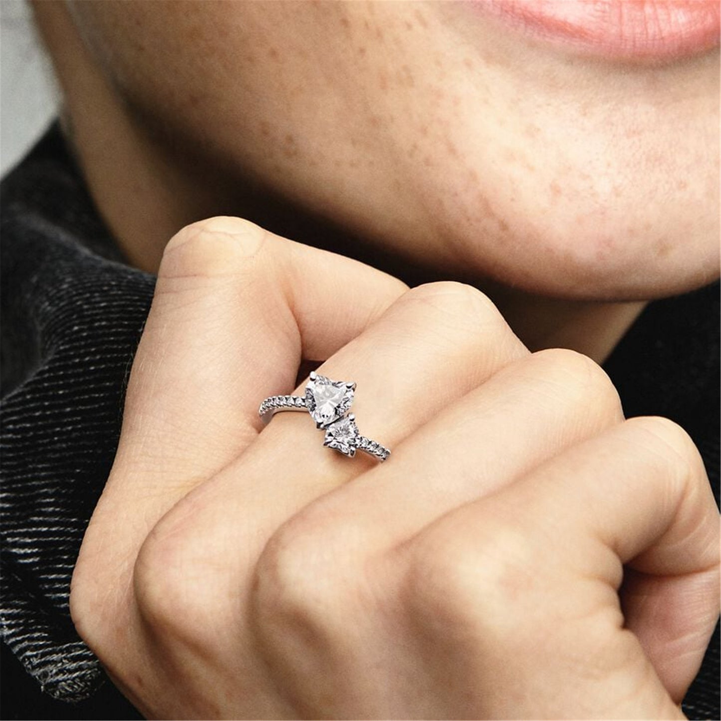 S925 sterling silver Double Heart Sparkling Ring