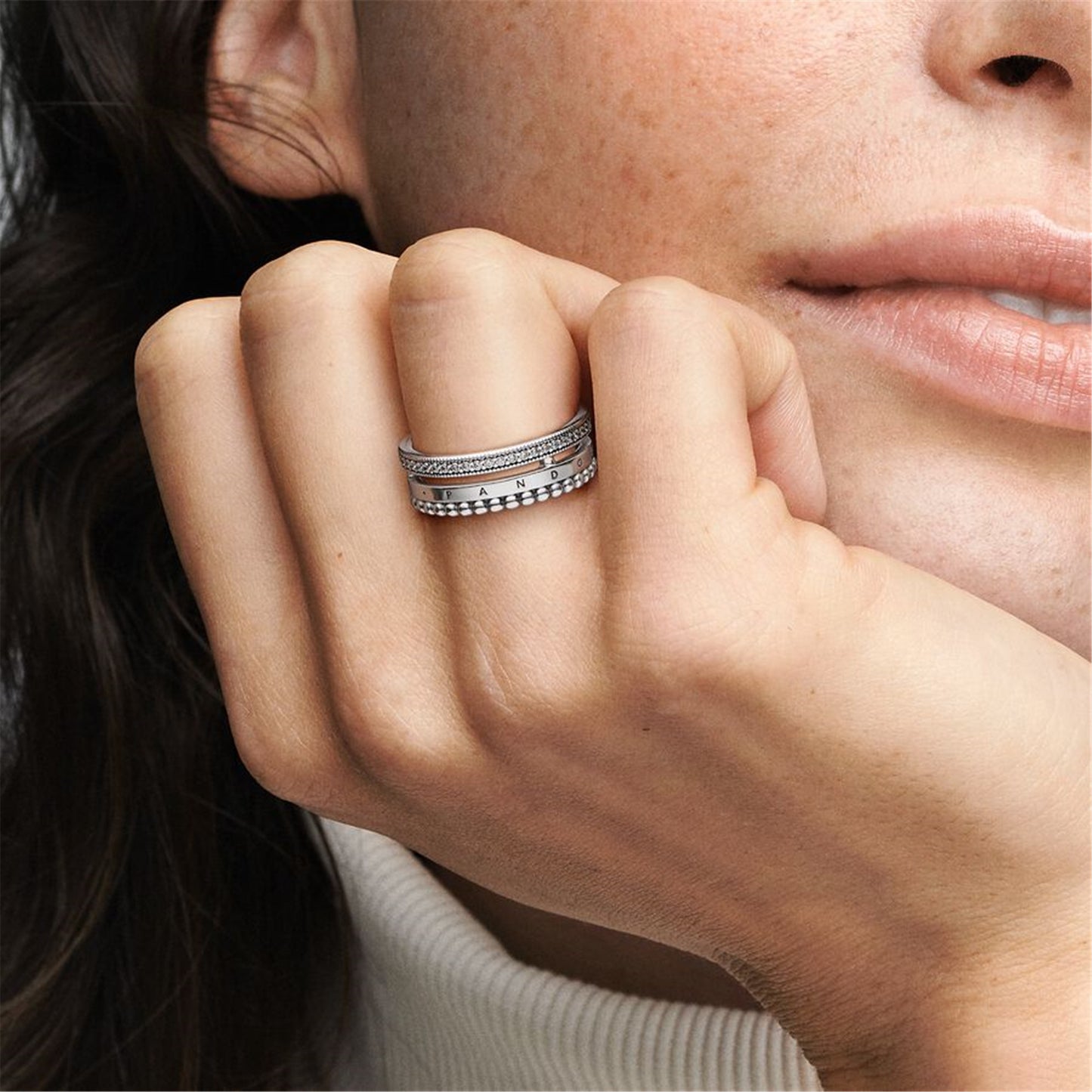 S925 Sterling Silver Signature Logo Pavé & Beads Ring