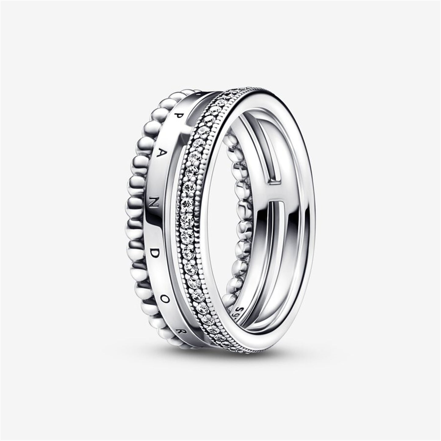S925 Sterling Silver Signature Logo Pavé & Beads Ring