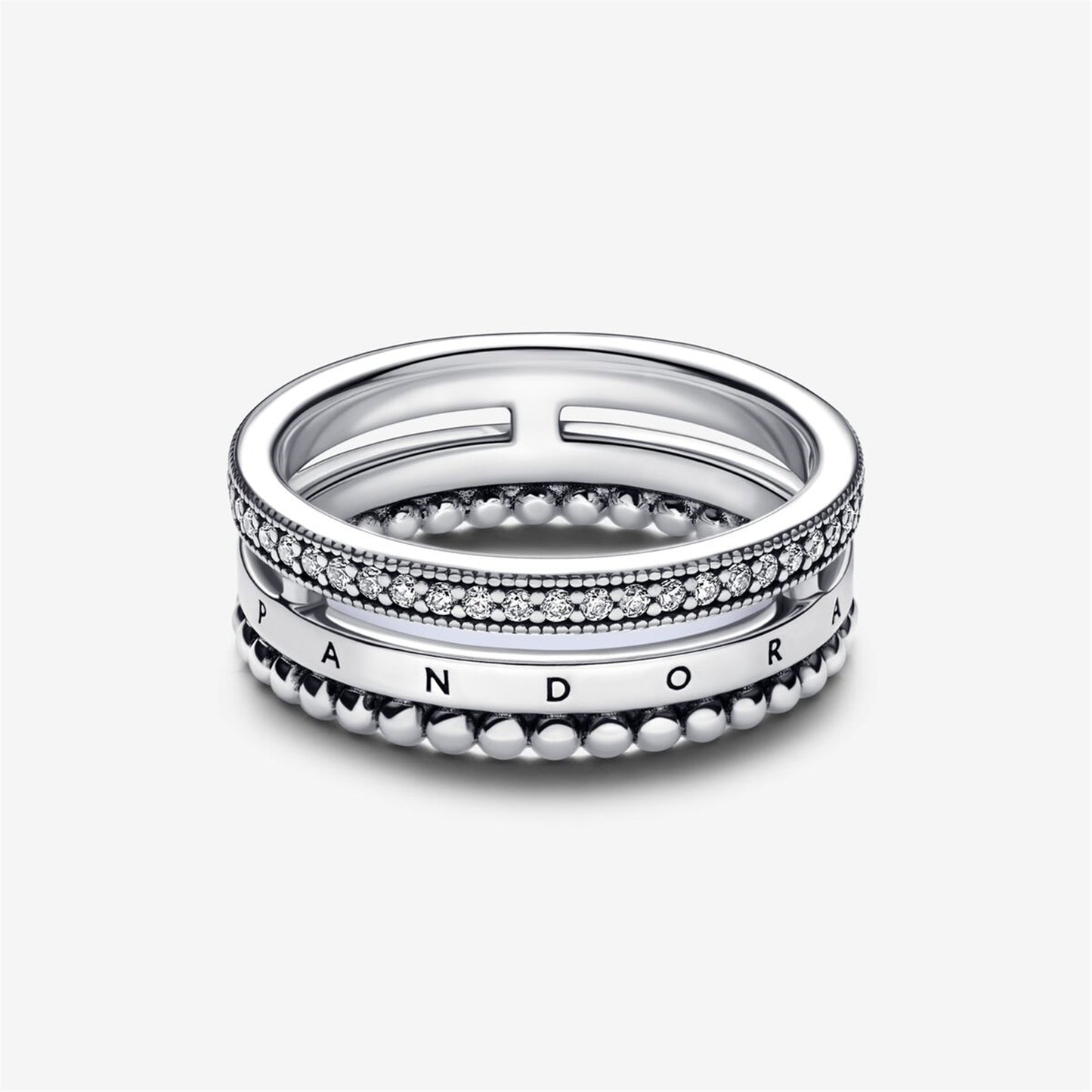 S925 Sterling Silver Signature Logo Pavé & Beads Ring