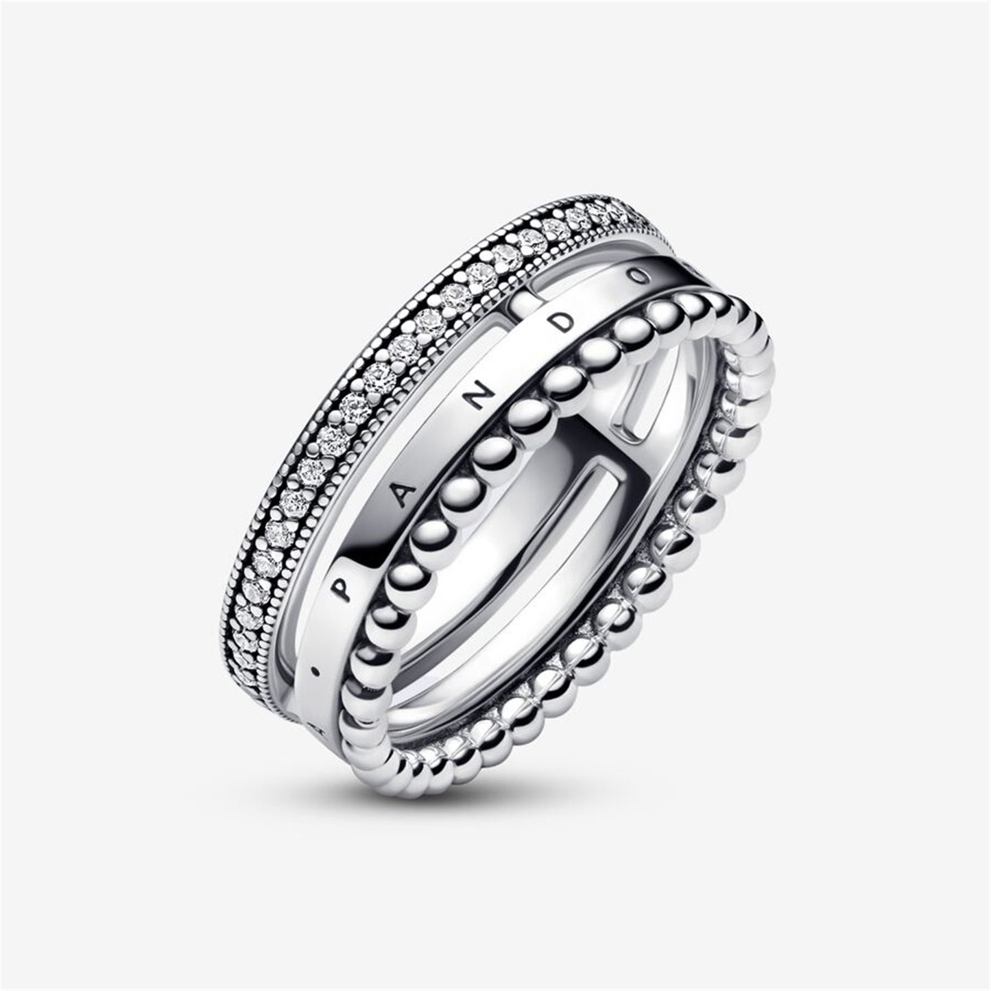 S925 Sterling Silver Signature Logo Pavé & Beads Ring