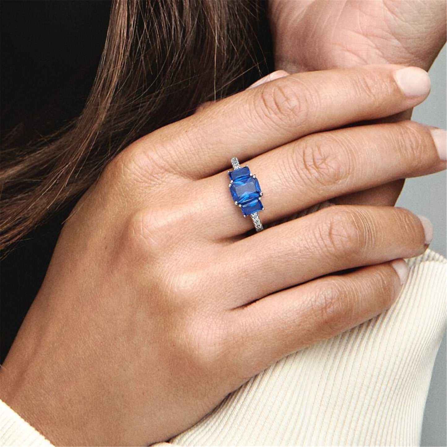 S925 Sterling Silver Blue Rectangular Three Stone Sparkling Ring