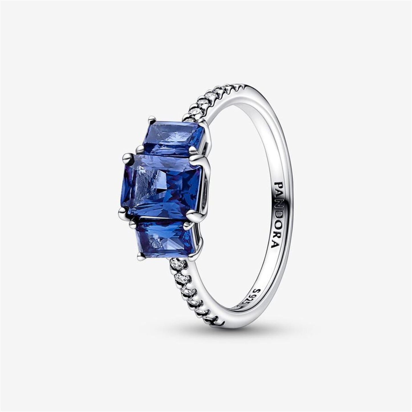 S925 Sterling Silver Blue Rectangular Three Stone Sparkling Ring