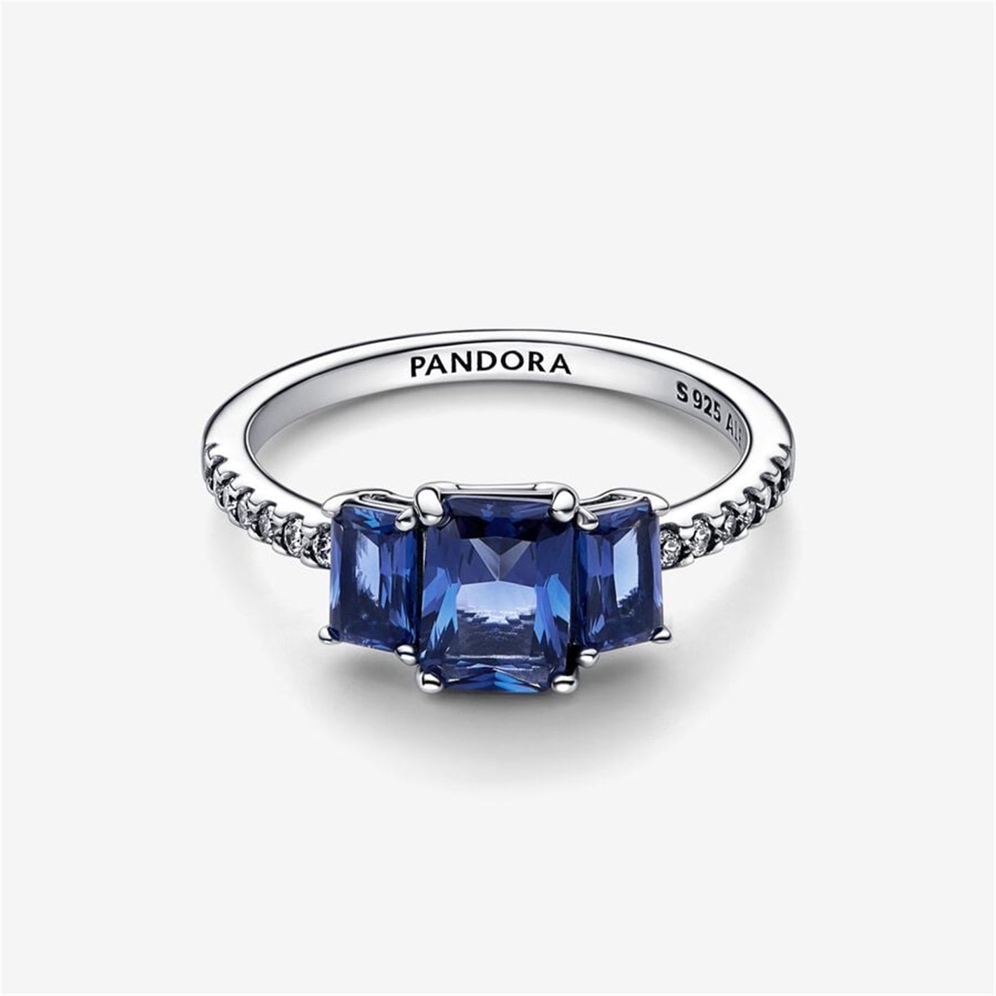 S925 Sterling Silver Blue Rectangular Three Stone Sparkling Ring