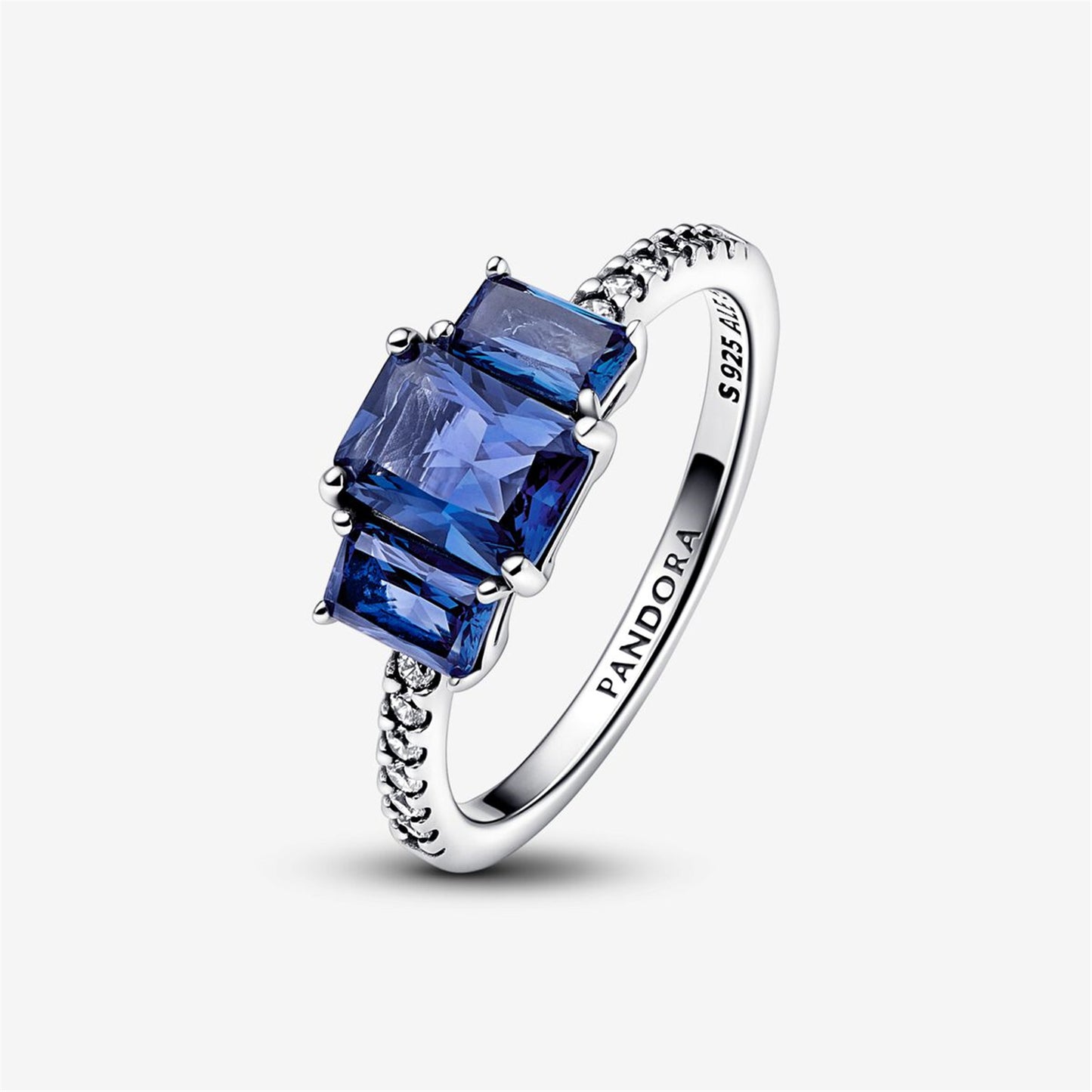 S925 Sterling Silver Blue Rectangular Three Stone Sparkling Ring