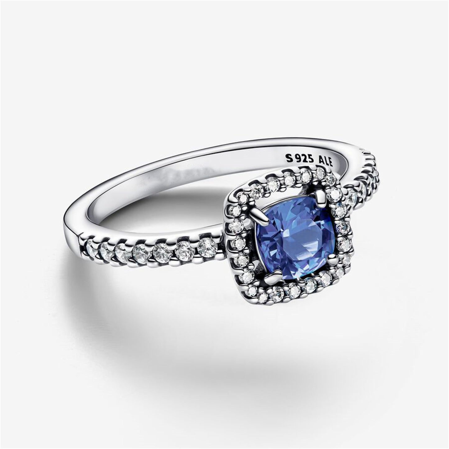S925 Sterling Silver Sparkling Square Blue Halo Ring