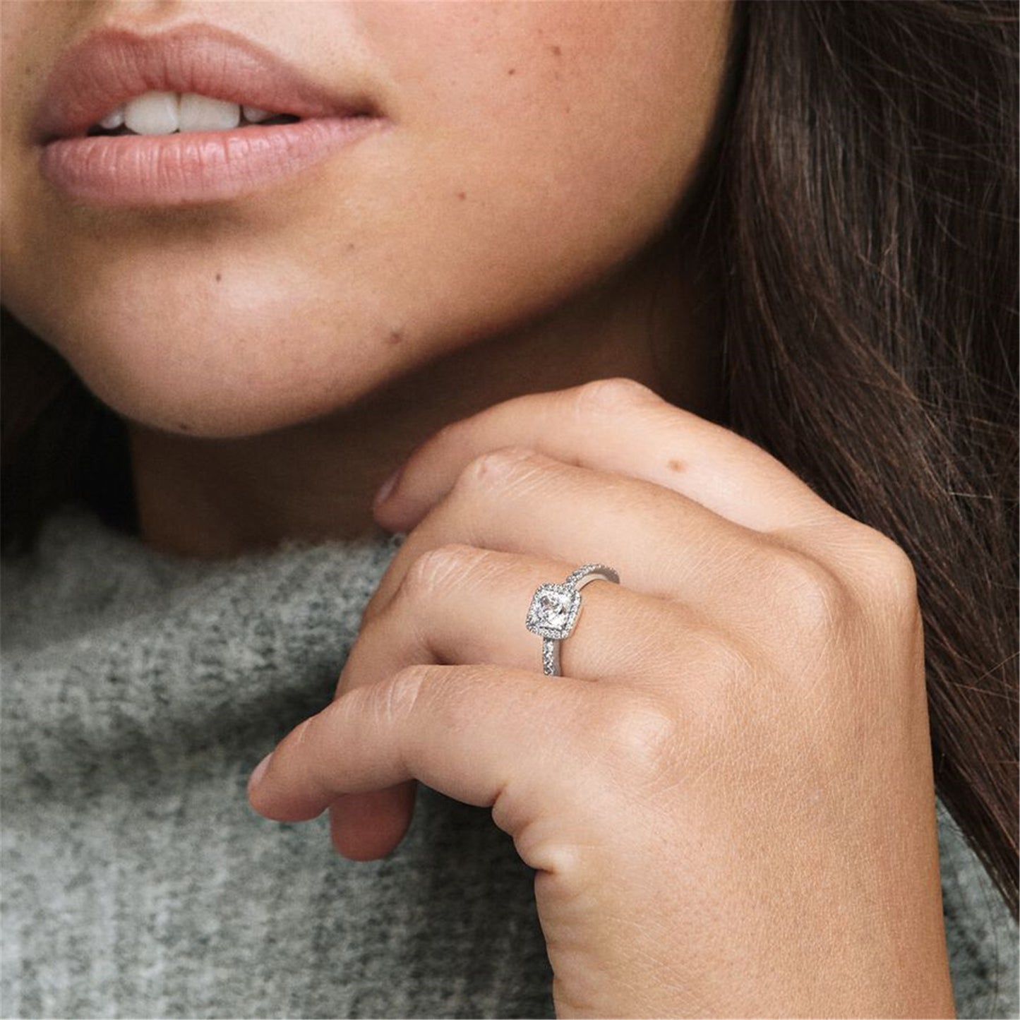 S925 Sterling Silver Square Sparkle Halo Ring