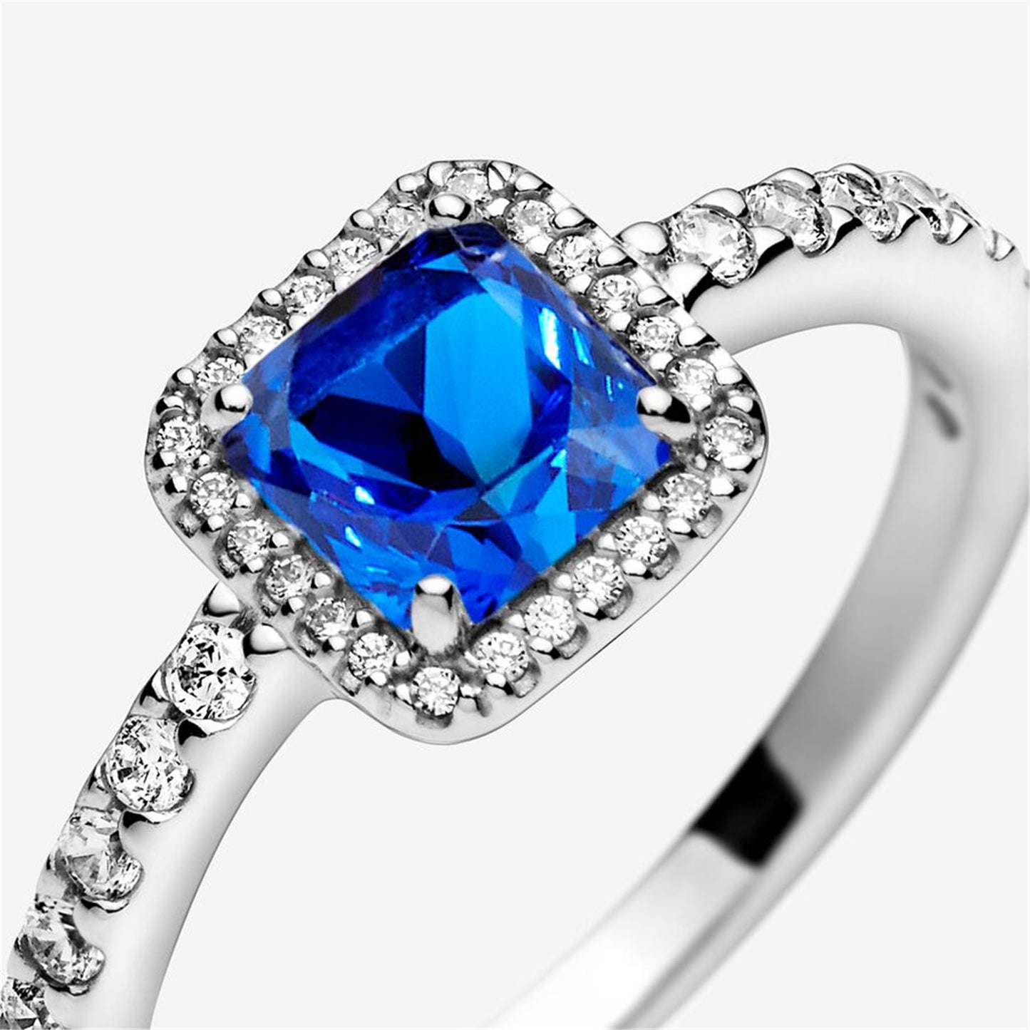 S925 Sterling Silver Blue Square Sparkle Halo Ring