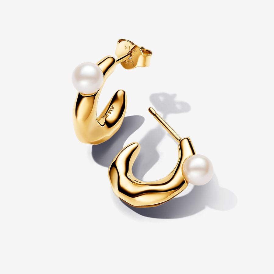 S925 Sterling Silver Treated Freshwater Cultured Pearl & Organically Shaped Hoop Earrings