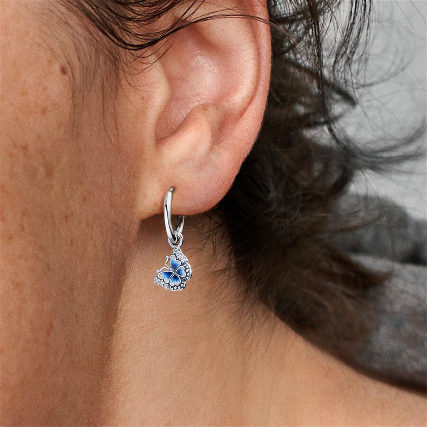 S925 Sterling Silver Blue Butterfly Hoop Earrings