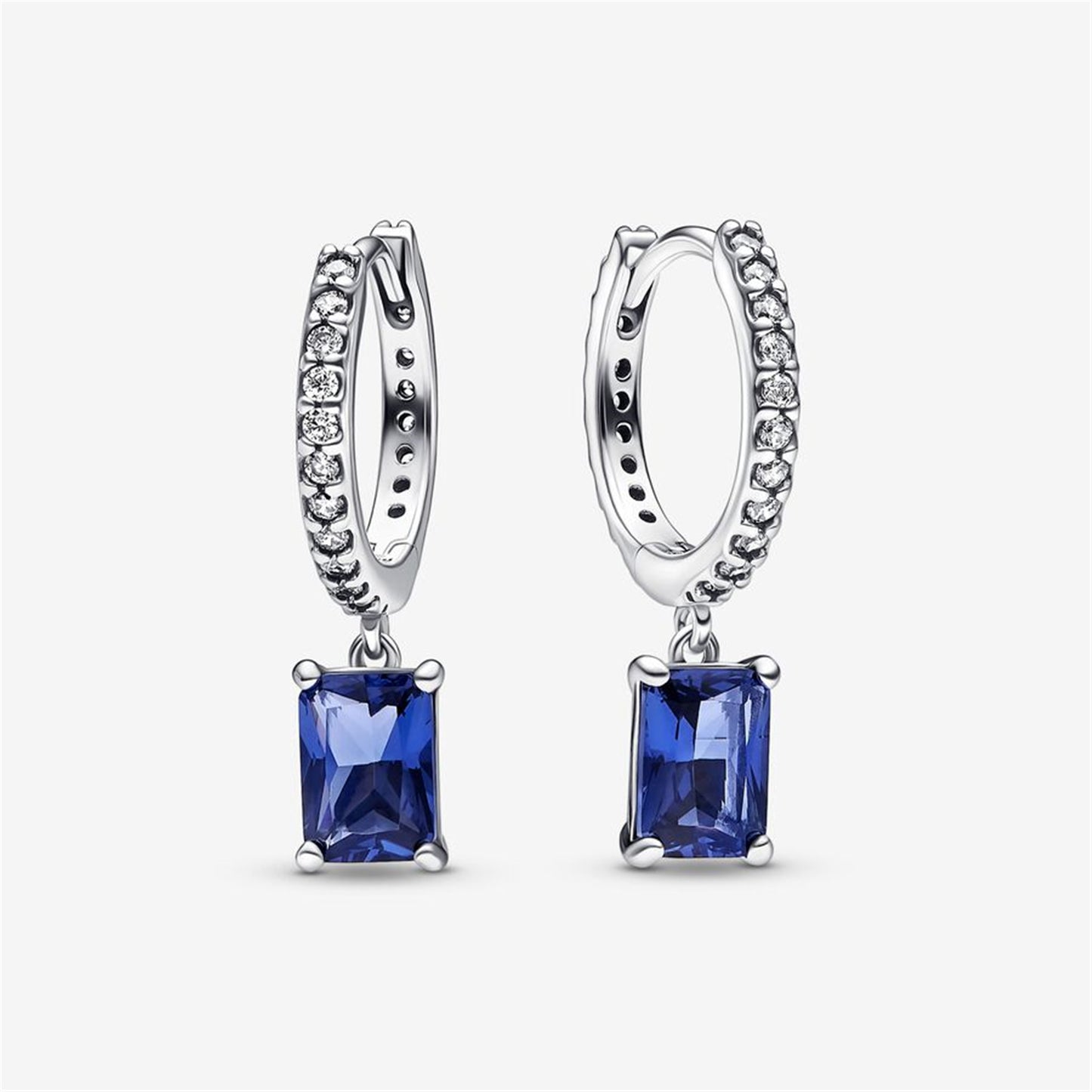S925 Sterling Silver Blue Rectangular Sparkling Hoop Earrings