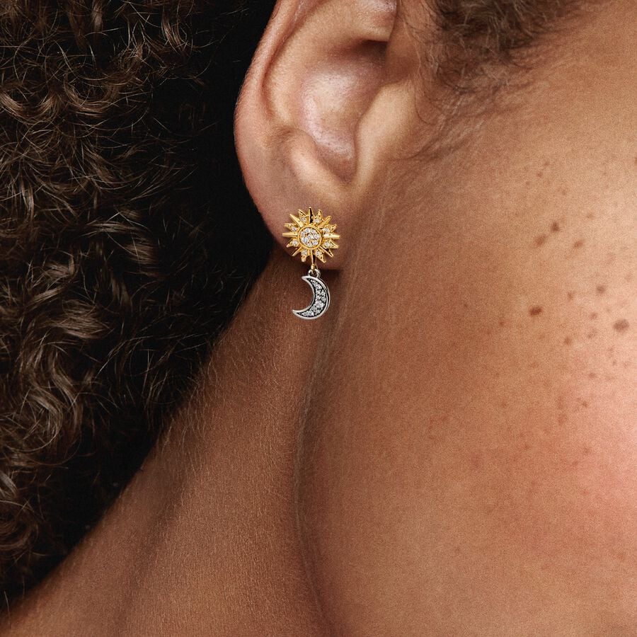 S925 Sterling Silver Two-tone Reversed Sun & Moon Stud Earrings