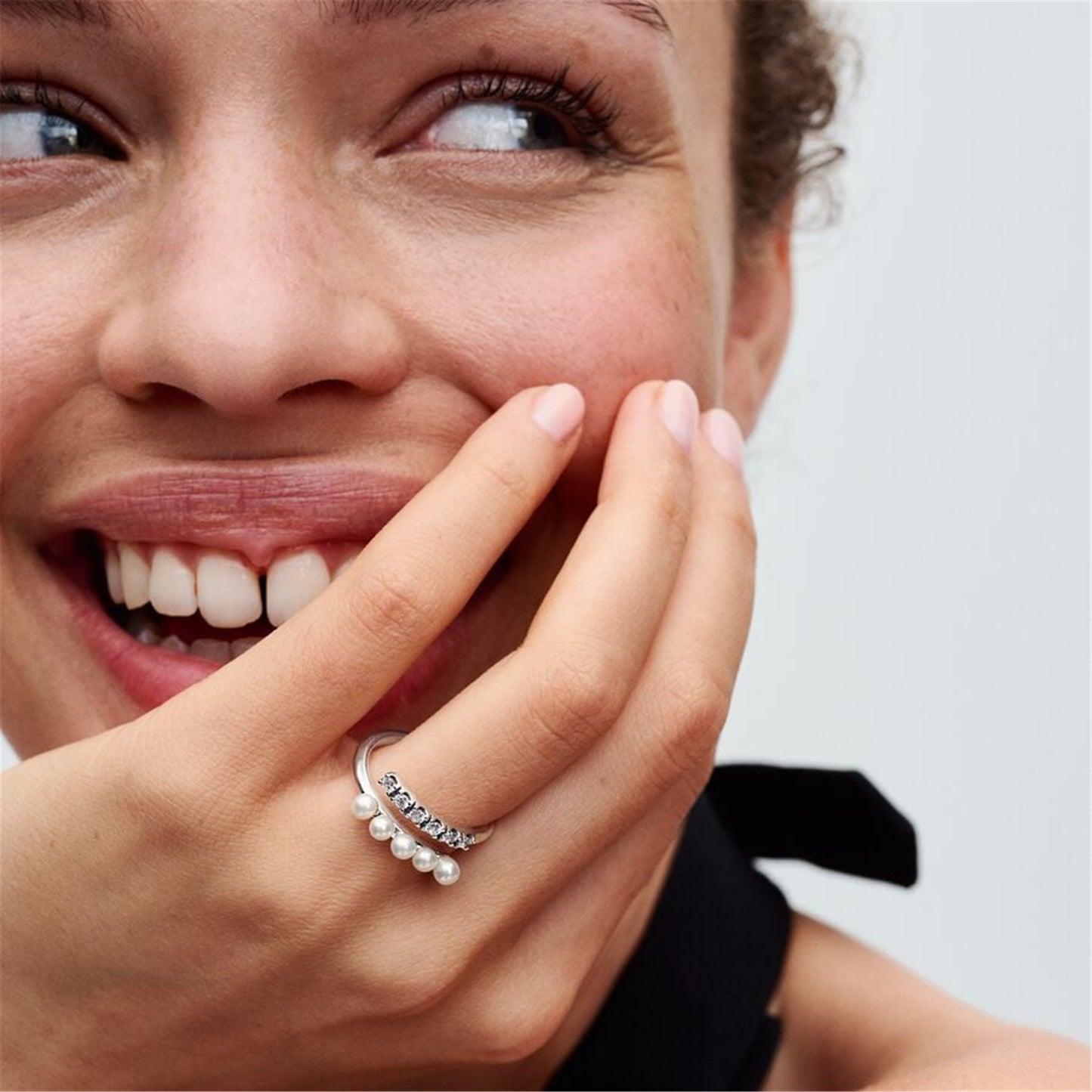 S925 Sterling Silver Treated Cultured Pearls & Pavé Open Ring