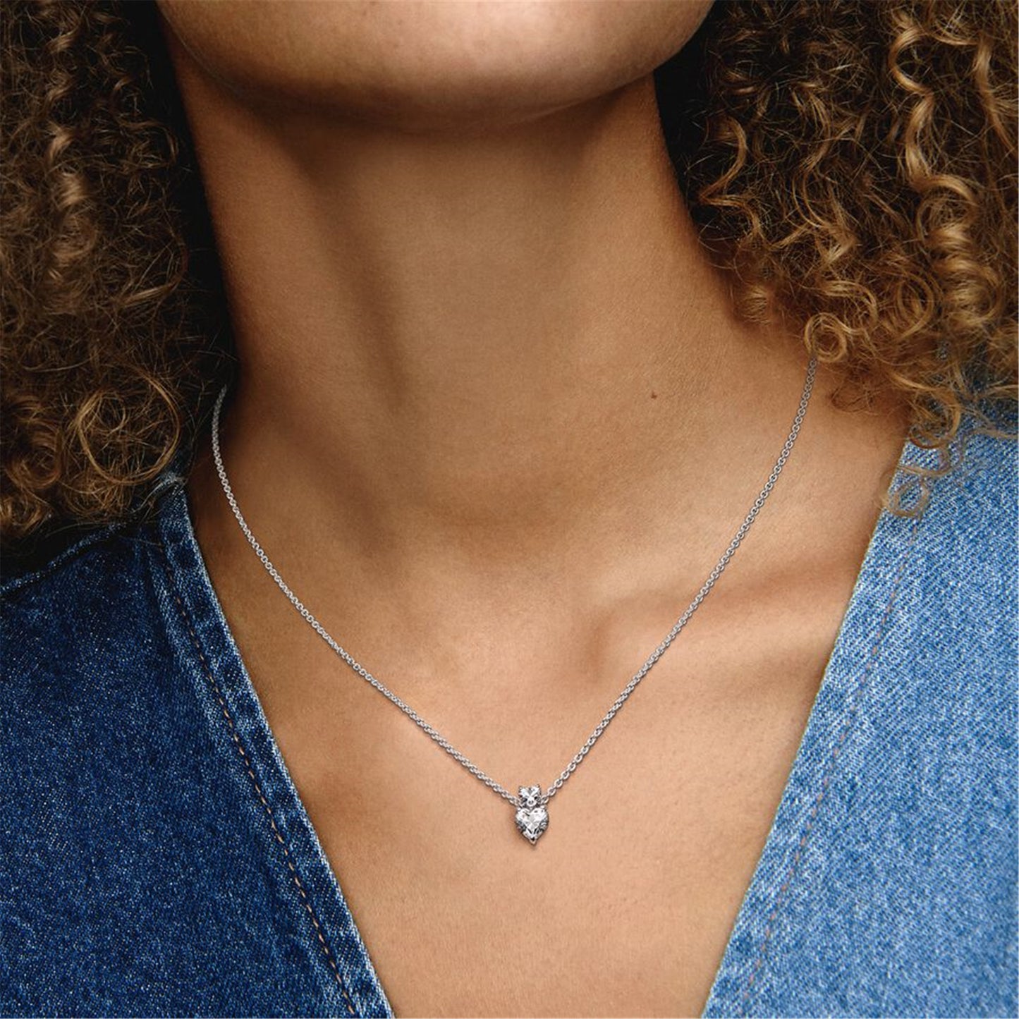 S925 Sterling Silver Double Heart Pendant Sparkling Collier Necklace