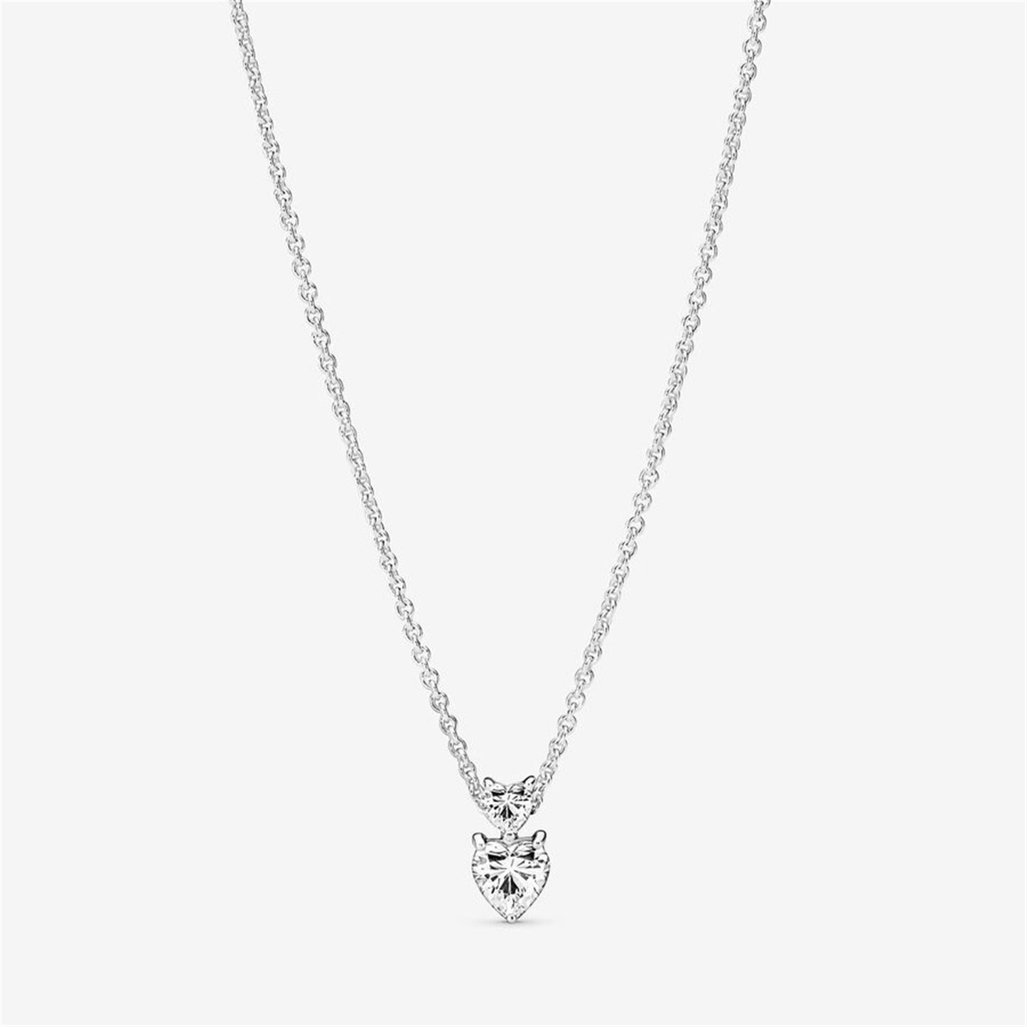 S925 Sterling Silver Double Heart Pendant Sparkling Collier Necklace