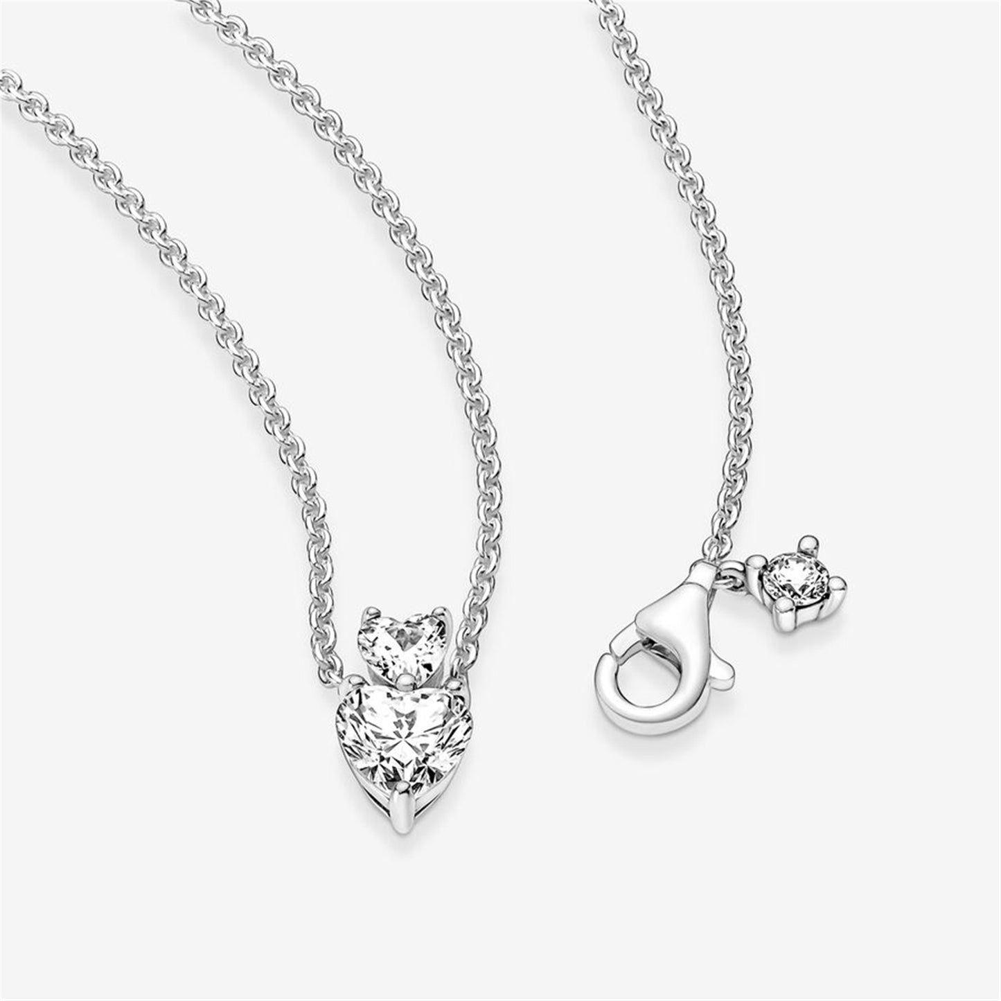S925 Sterling Silver Double Heart Pendant Sparkling Collier Necklace