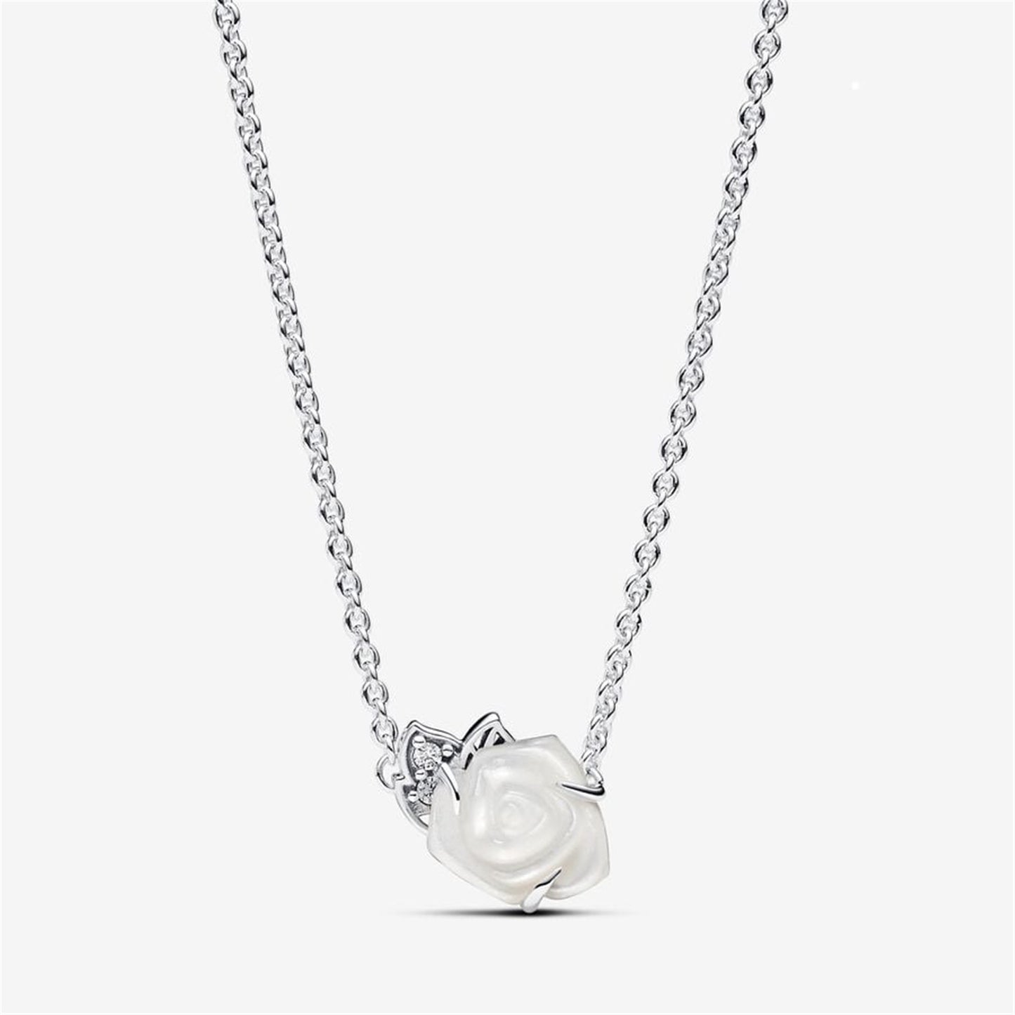 S925 Sterling Silver White Rose in Bloom Collier Necklace
