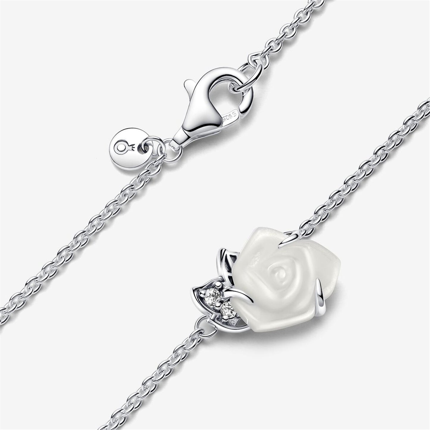 S925 Sterling Silver White Rose in Bloom Collier Necklace