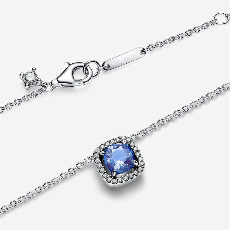S925 Sterling Silver Sparkling Square Blue Halo Pendant Necklace