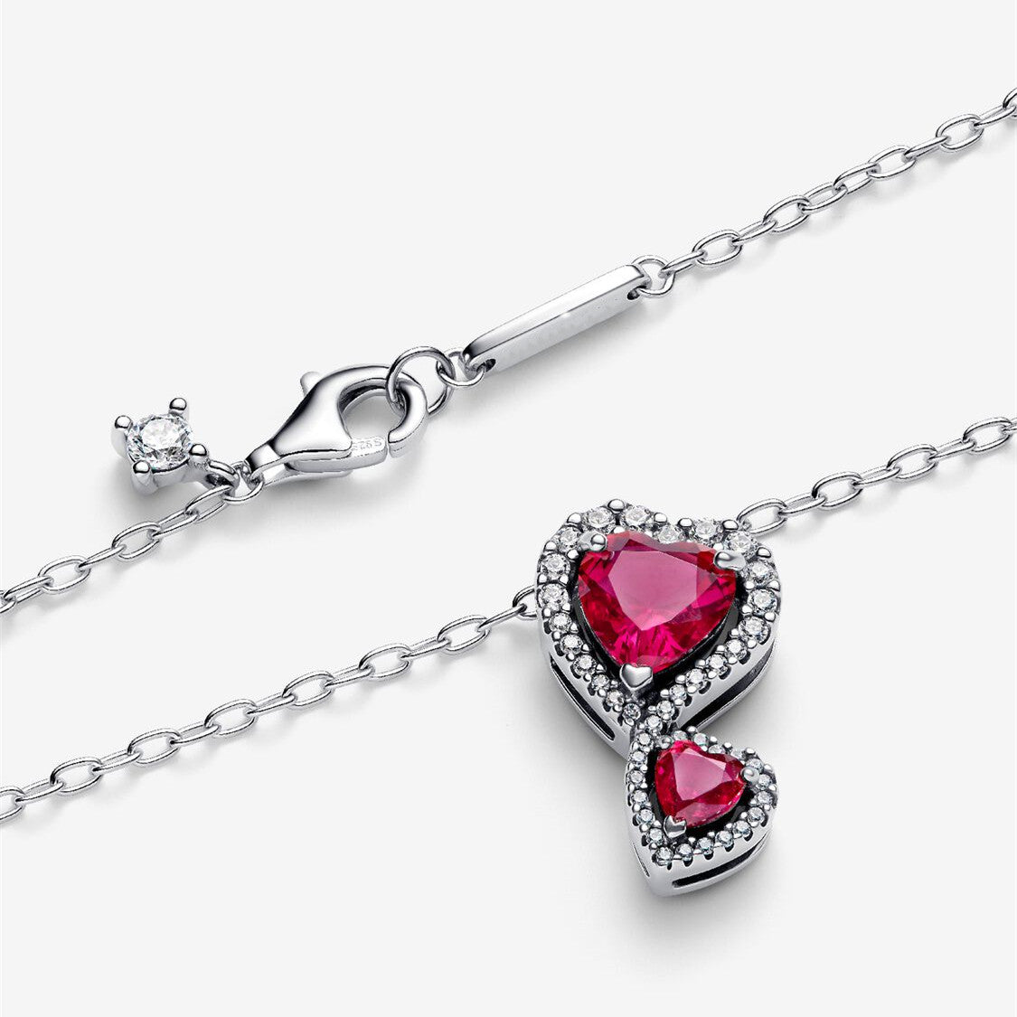S925 Sterling Silver Red Halo Hearts Pendant Necklace