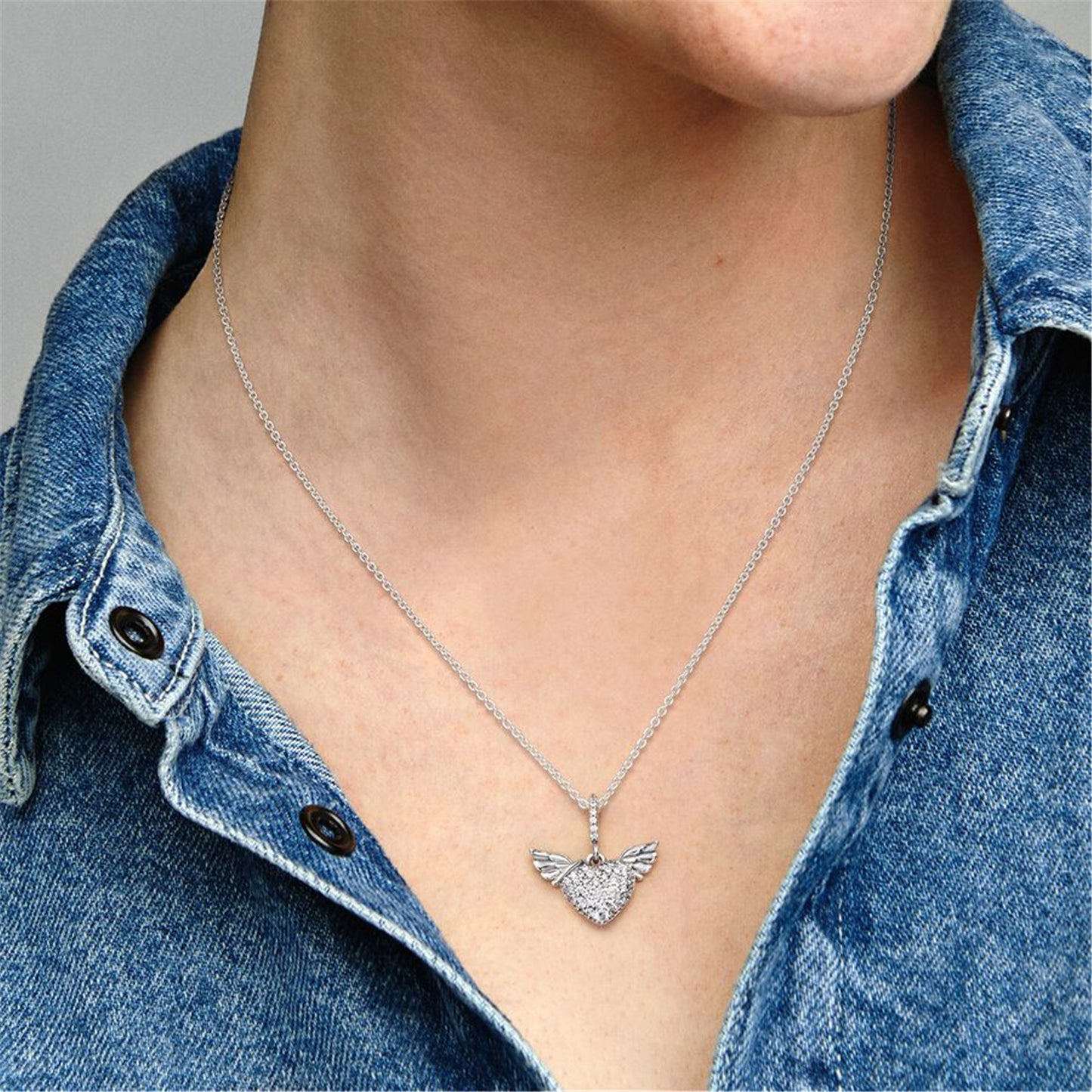 S925 Sterling Silver Pavé Heart and Angel Wings Necklace