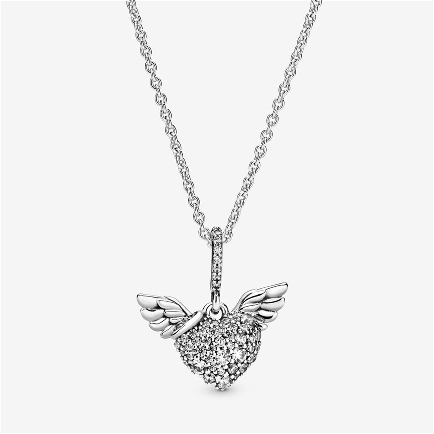 S925 Sterling Silver Pavé Heart and Angel Wings Necklace