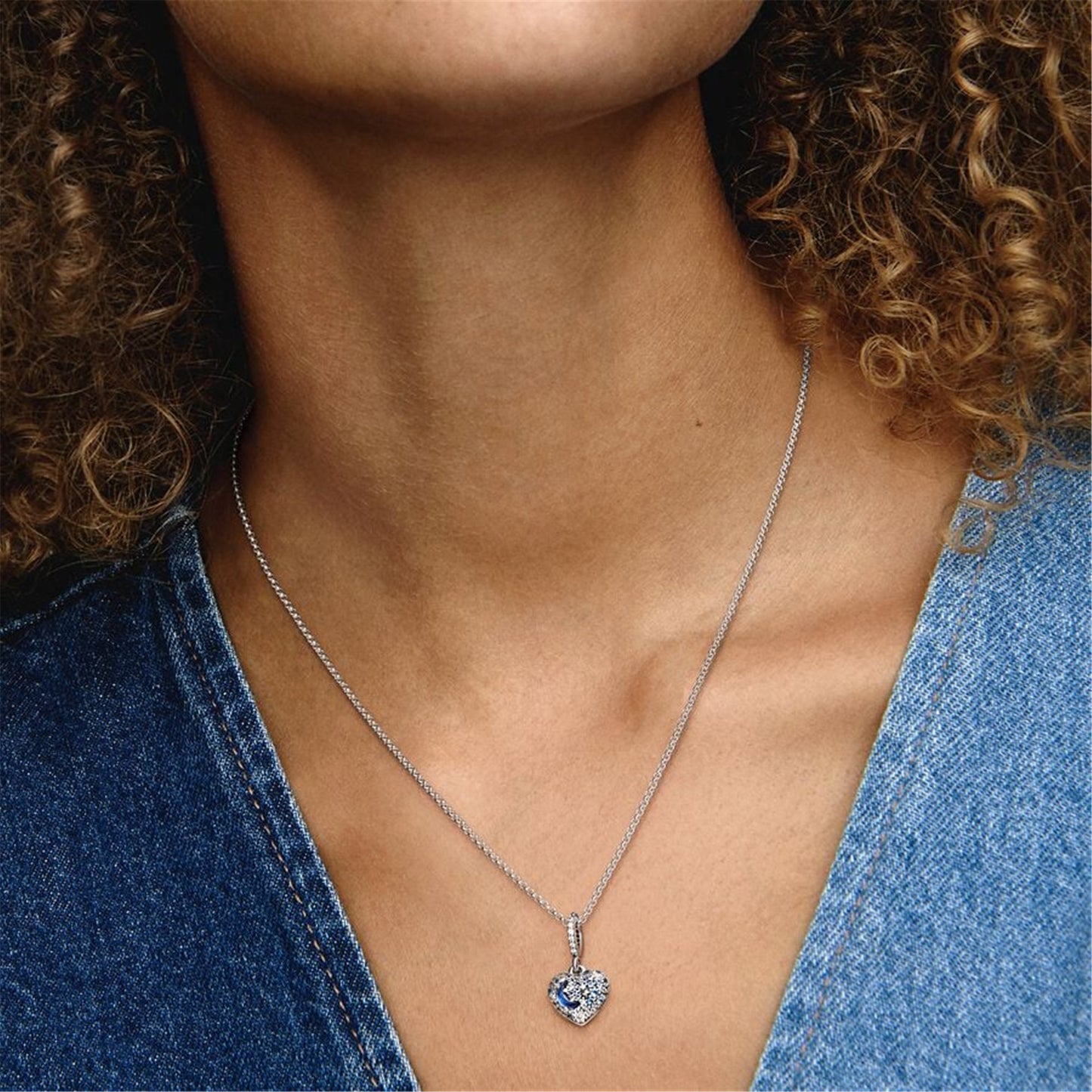 S925 Sterling Silver Sparkling Blue Moon & Stars Heart Necklace