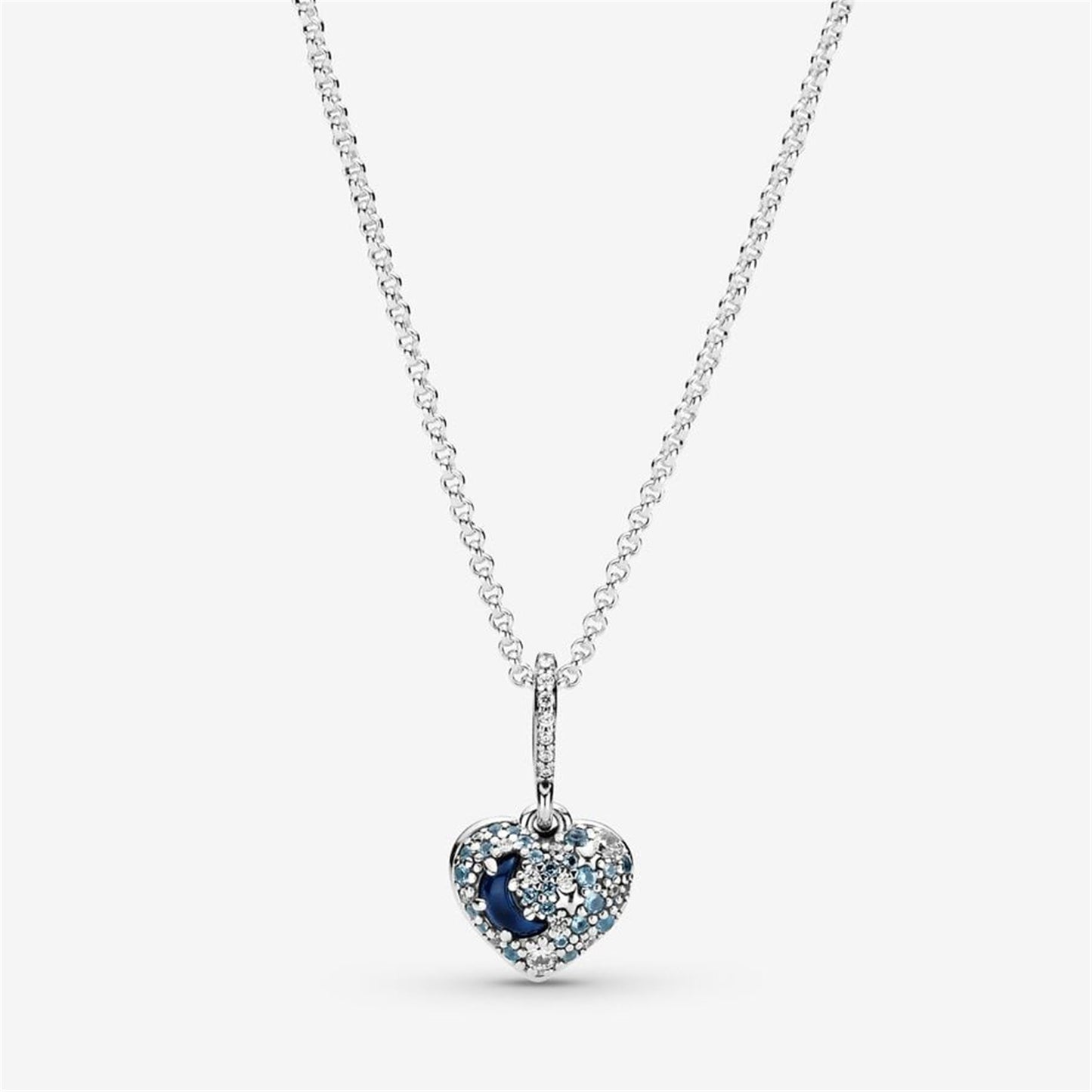 S925 Sterling Silver Sparkling Blue Moon & Stars Heart Necklace