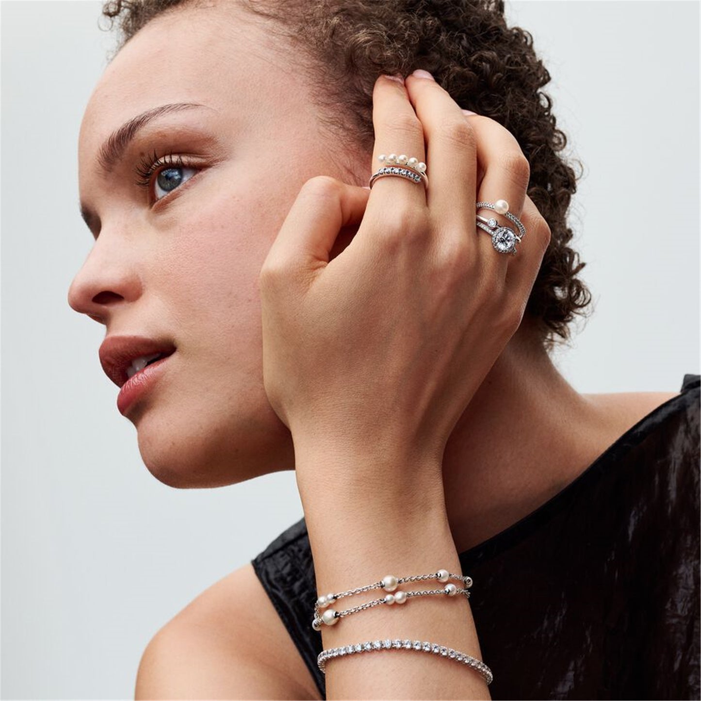 S925 Sterling Silver Treated Cultured Pearls & Pavé Open Ring
