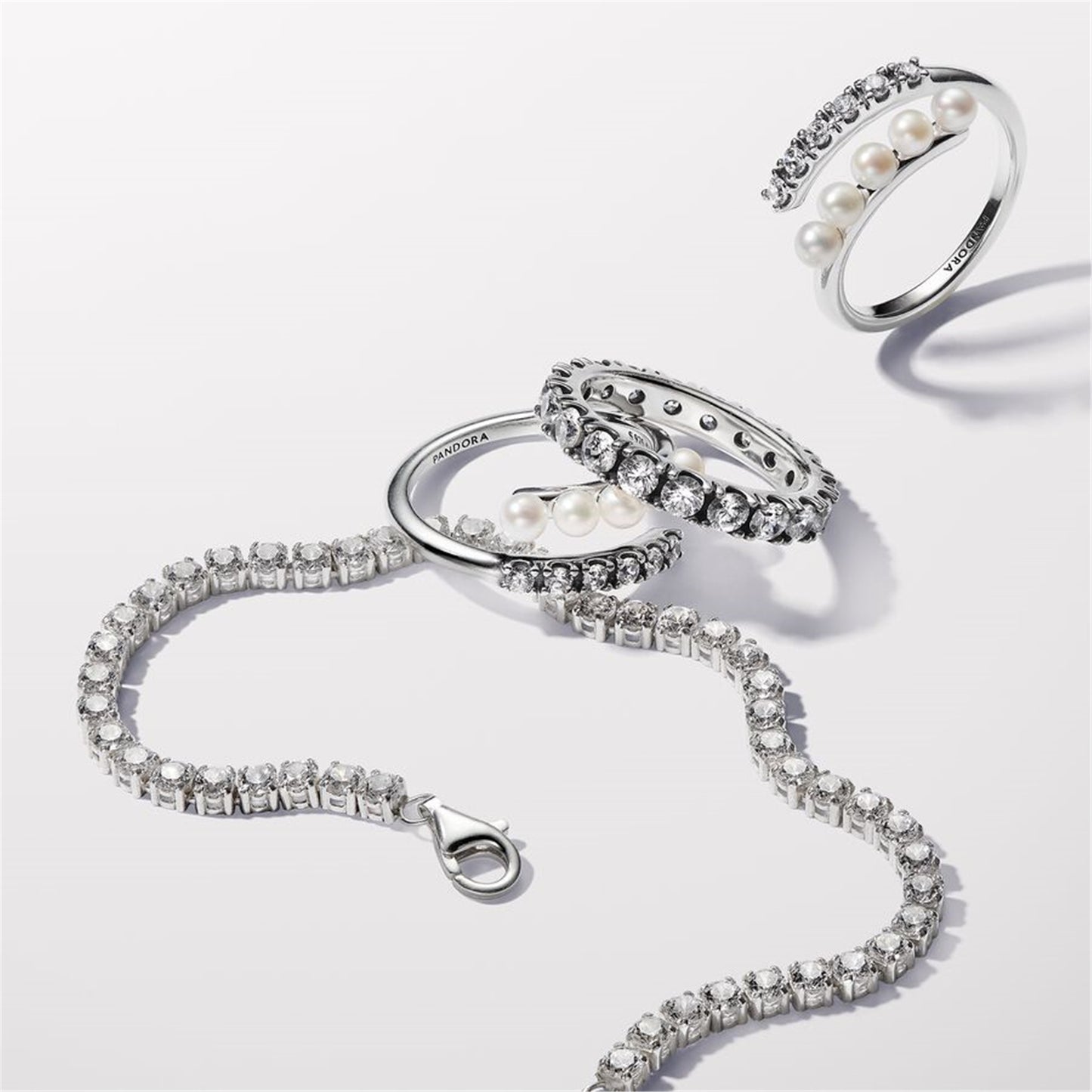 S925 Sterling Silver Treated Cultured Pearls & Pavé Open Ring